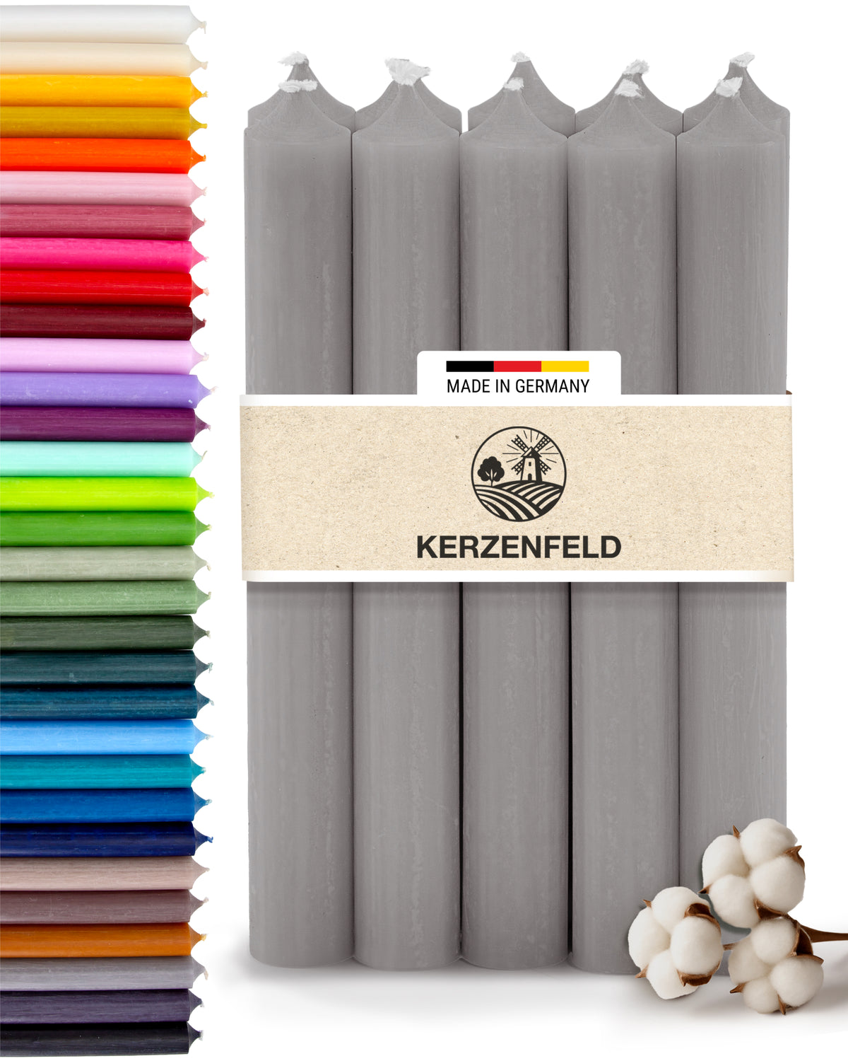 Stabkerzen Grau, 10 Stück, 180mm x 22mm, Durchgefärbt