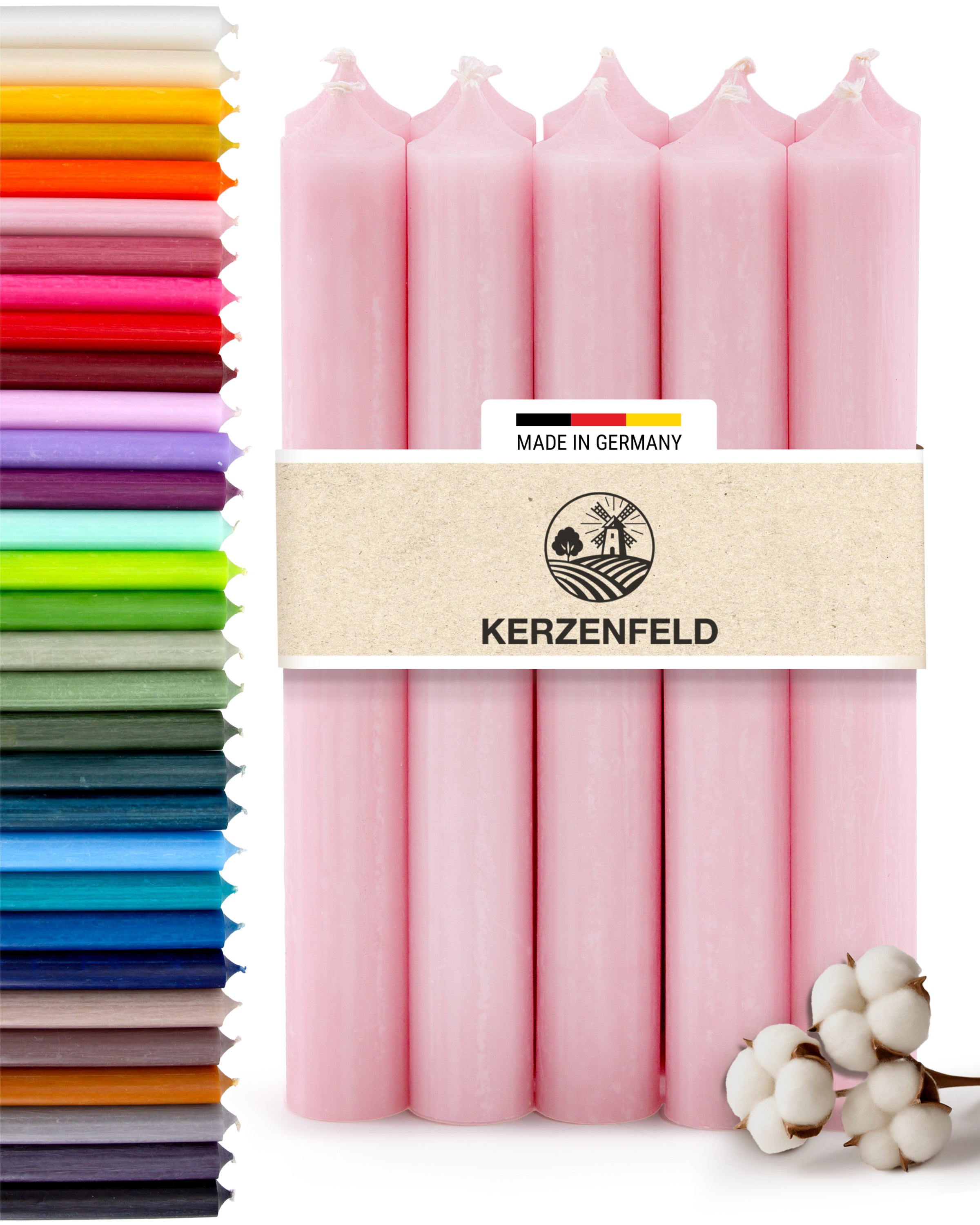 Stabkerzen Rosa, 10 Stück, 180mm x 22mm, Durchgefärbt