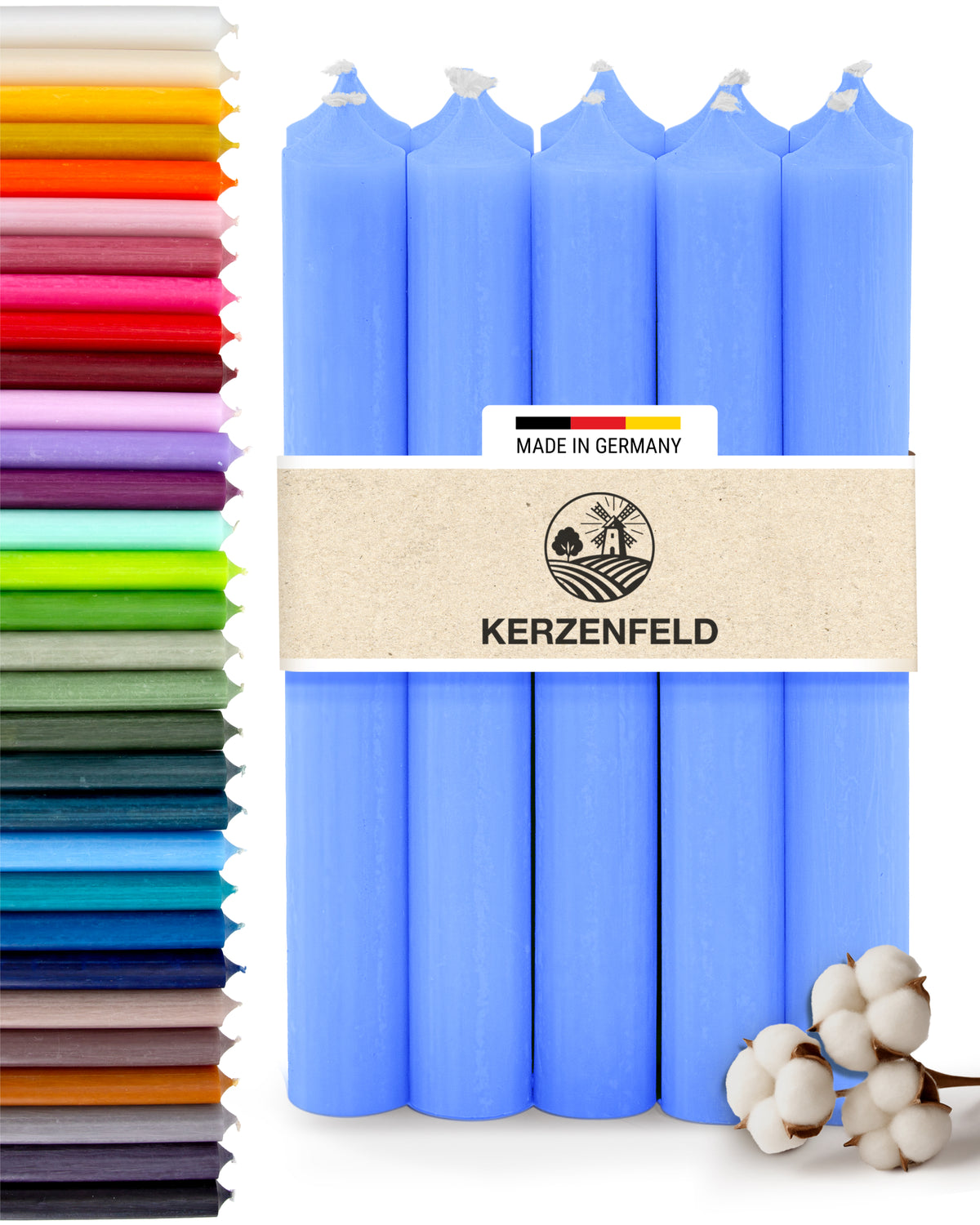 Stabkerzen Blau, 10 Stück, 180mm x 22mm, Durchgefärbt