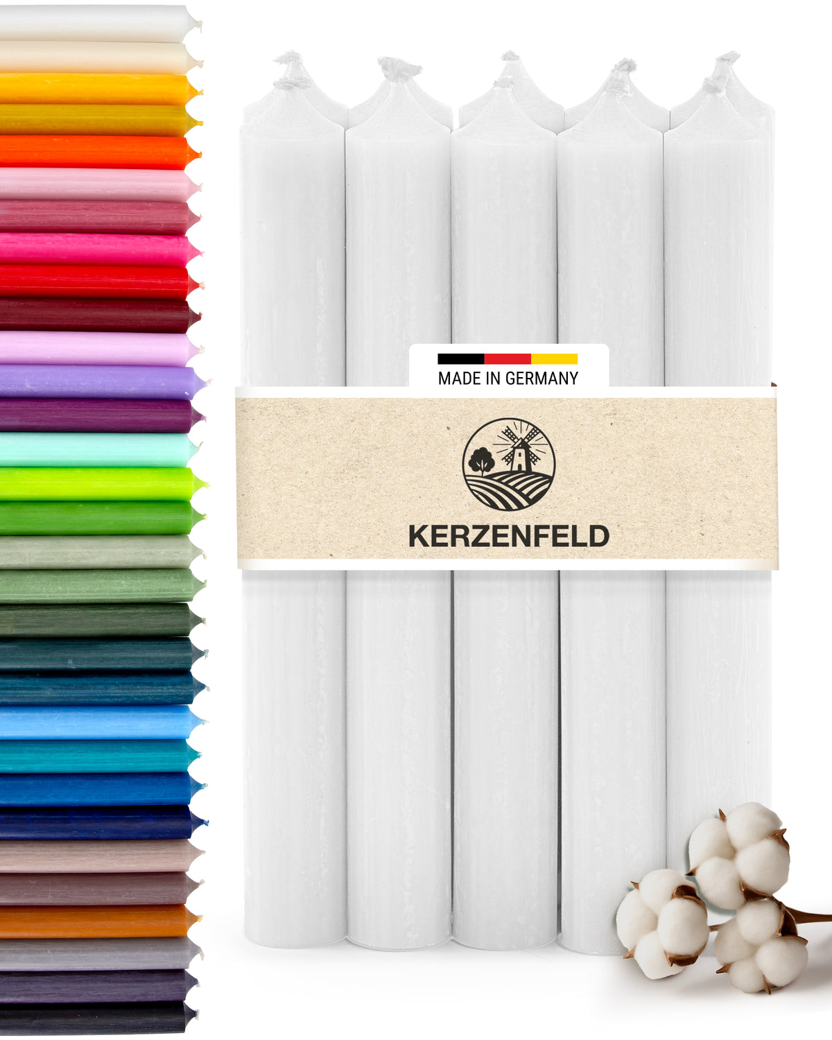 Stabkerzen Weiß, 10 Stück, 180mm x 22mm, Durchgefärbt