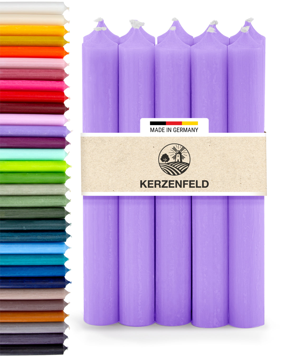 Stabkerzen Lavendel, 10 Stück, 180mm x 22mm, Durchgefärbt