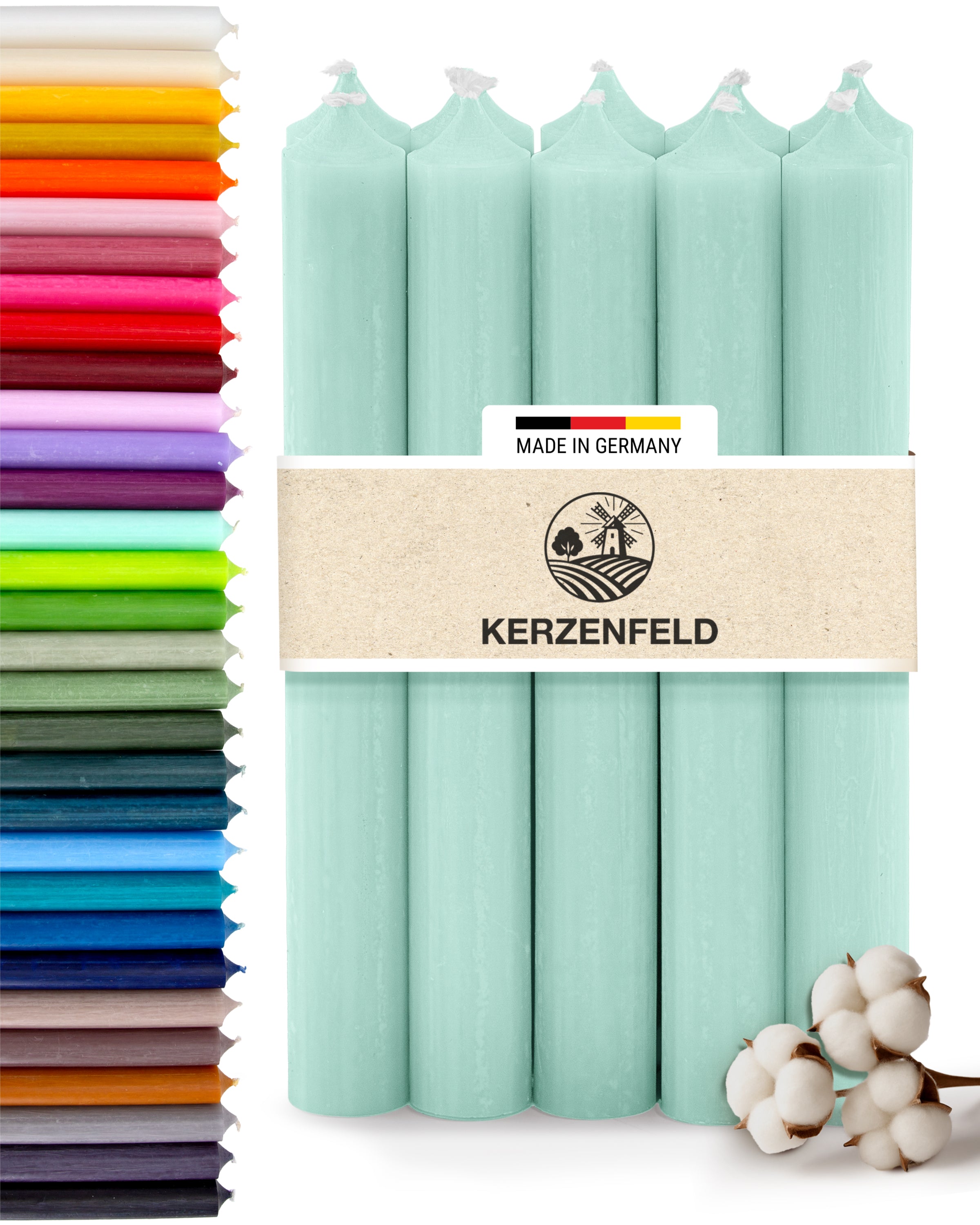 Stabkerzen Mintgrün, 10 Stück, 180mm x 22mm, Durchgefärbt