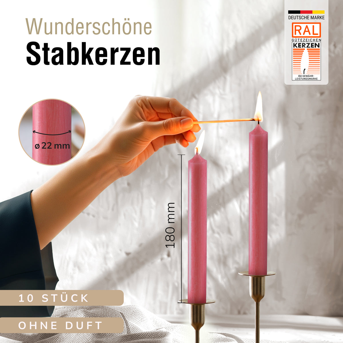 Stabkerzen Altrosa, 10 Stück, 180mm x 22mm, Durchgefärbt