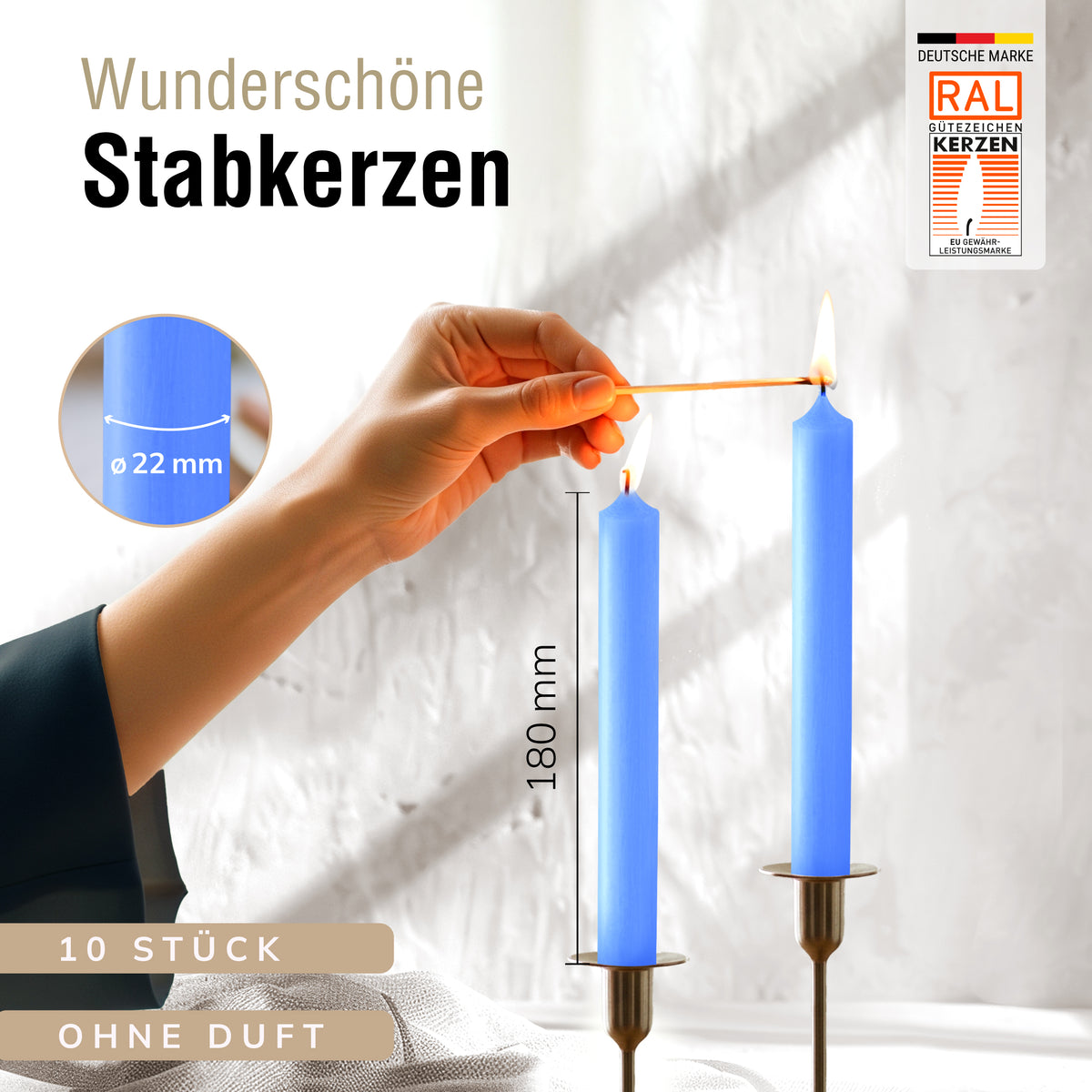 Stabkerzen Blau, 10 Stück, 180mm x 22mm, Durchgefärbt