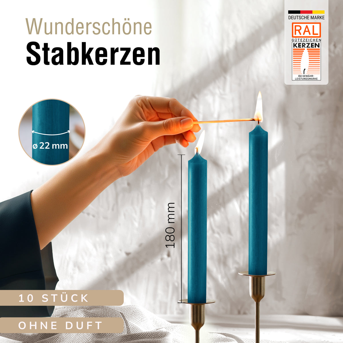 Stabkerzen Türkis, 10 Stück, 180mm x 22mm, Durchgefärbt