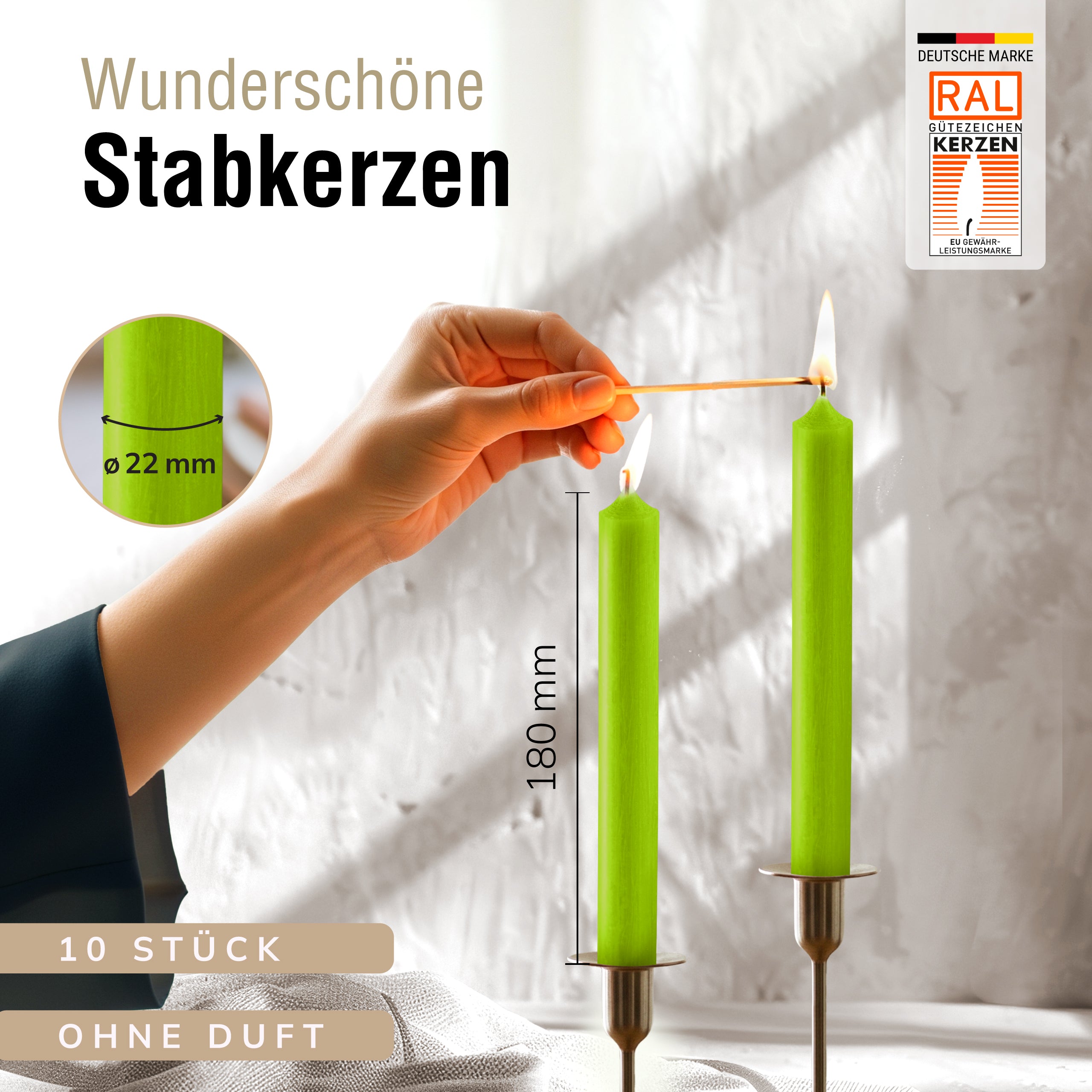 Stabkerzen Apfelgrün, 10 Stück, 180mm x 22mm, Durchgefärbt