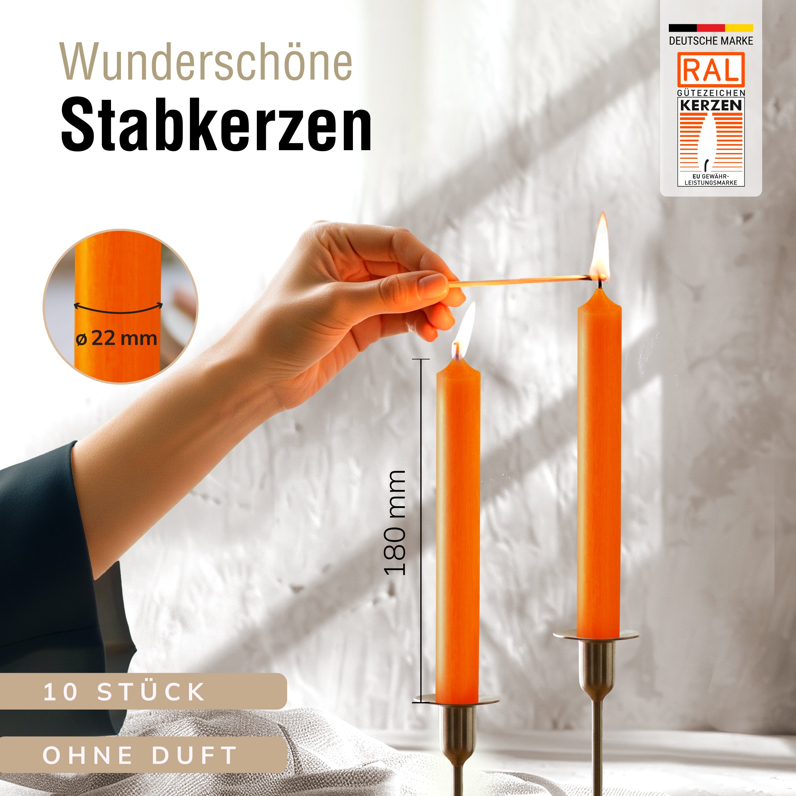 Stabkerzen Orange, 10 Stück, 180mm x 22mm, Durchgefärbt
