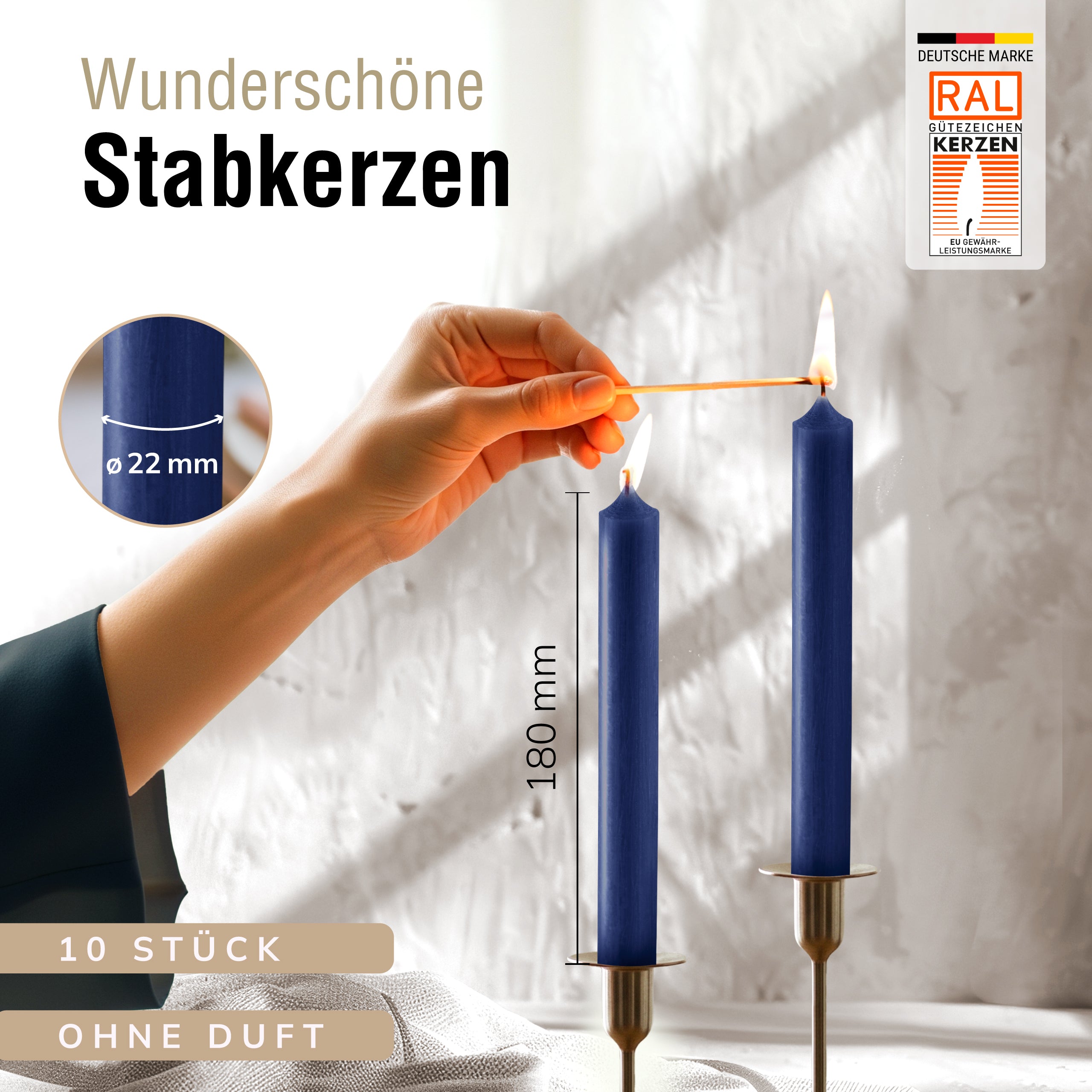 Stabkerzen Dunkelblau, 10 Stück, 180mm x 22mm, Durchgefärbt