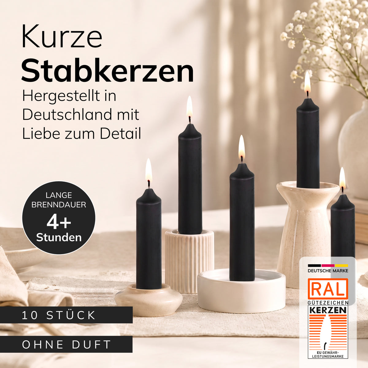Kurze Stabkerzen Schwarz, 2-fach getaucht, 10cm x 2,2cm