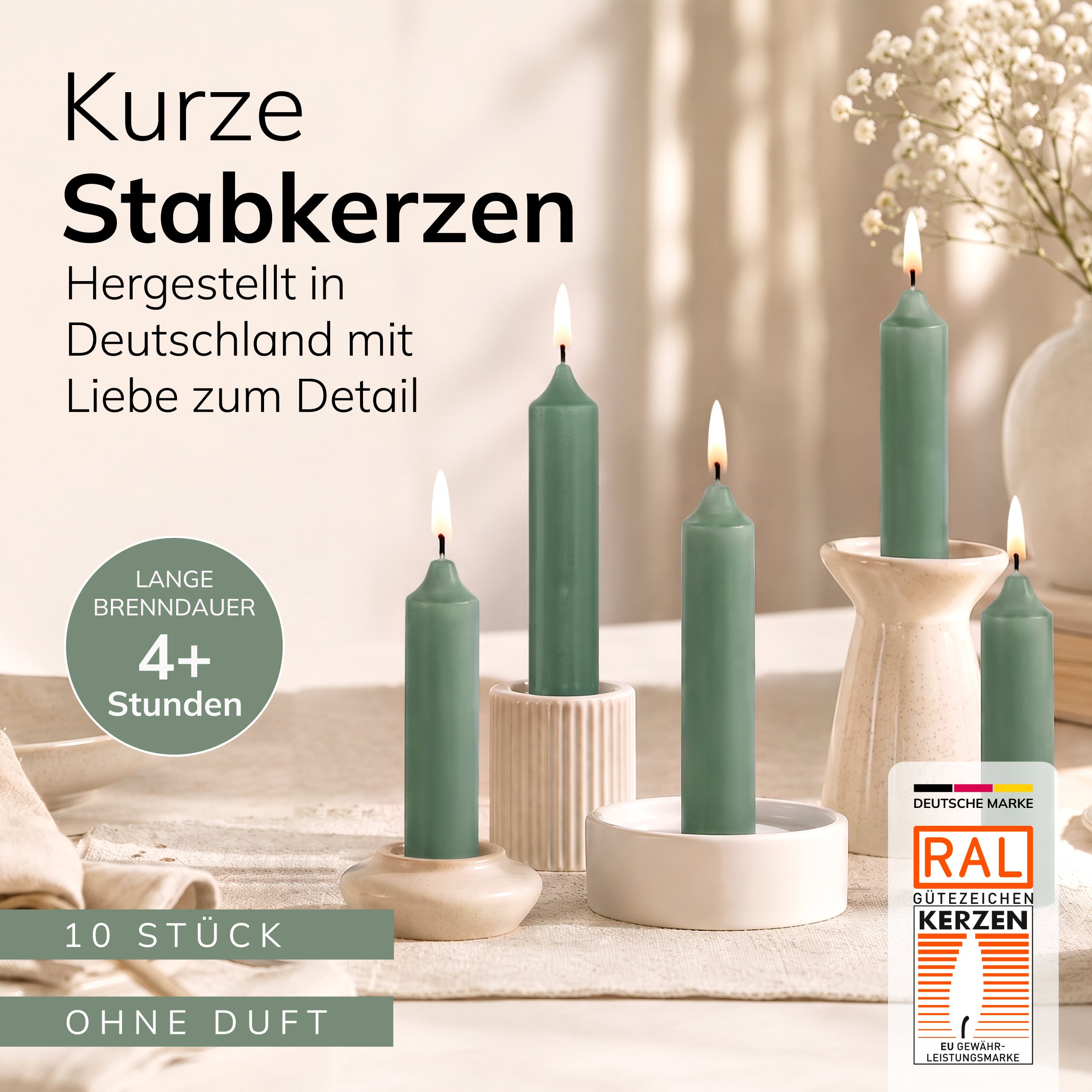 Kurze Stabkerzen Salbeigrün, 2-fach getaucht, 10cm x 2,2cm