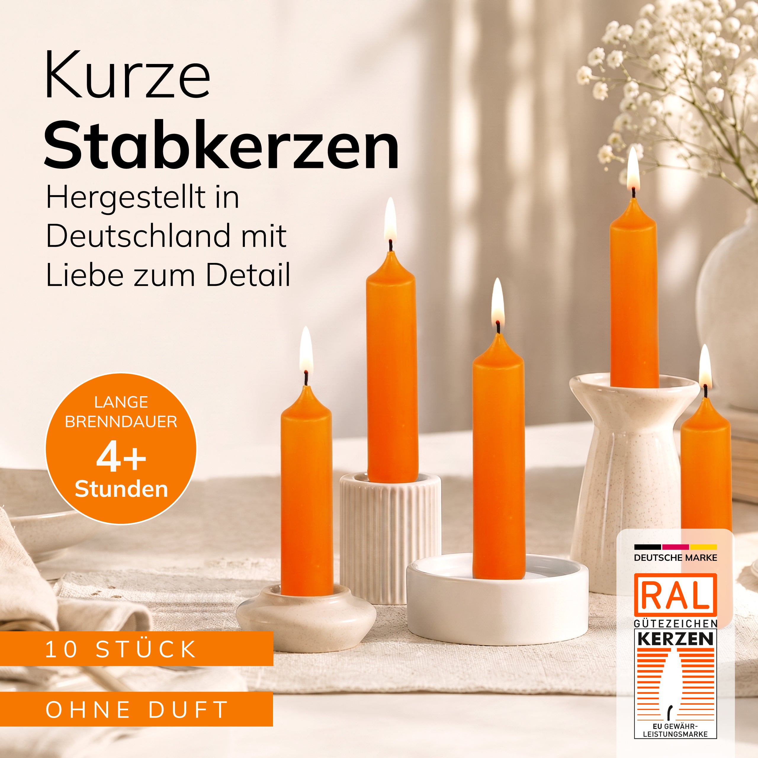 Kurze Stabkerzen Orange, 2-fach getaucht, 10cm x 2,2cm