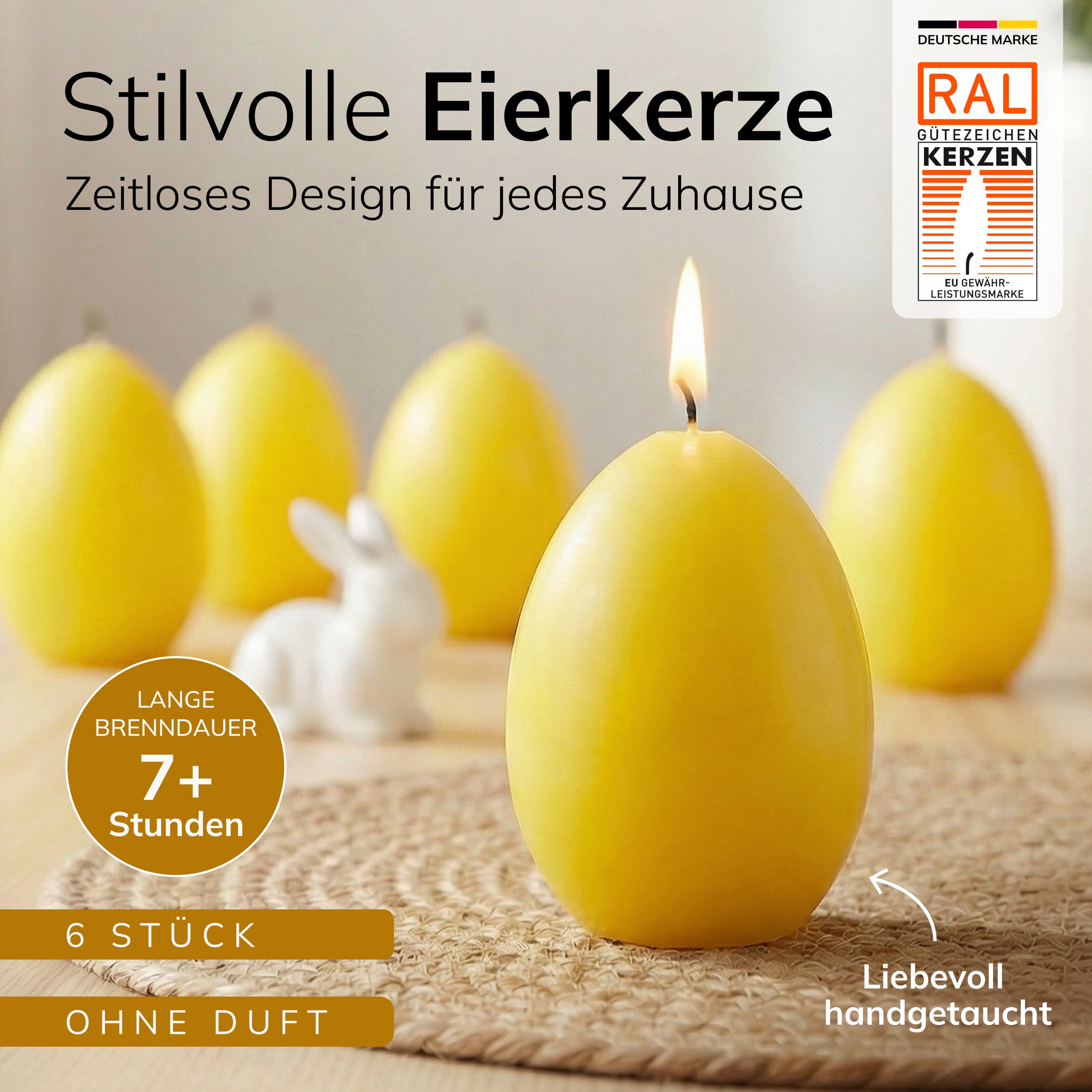 Eierkerzen Gelb 6 Stück, 60 x 45mm hochwertige Osterdeko