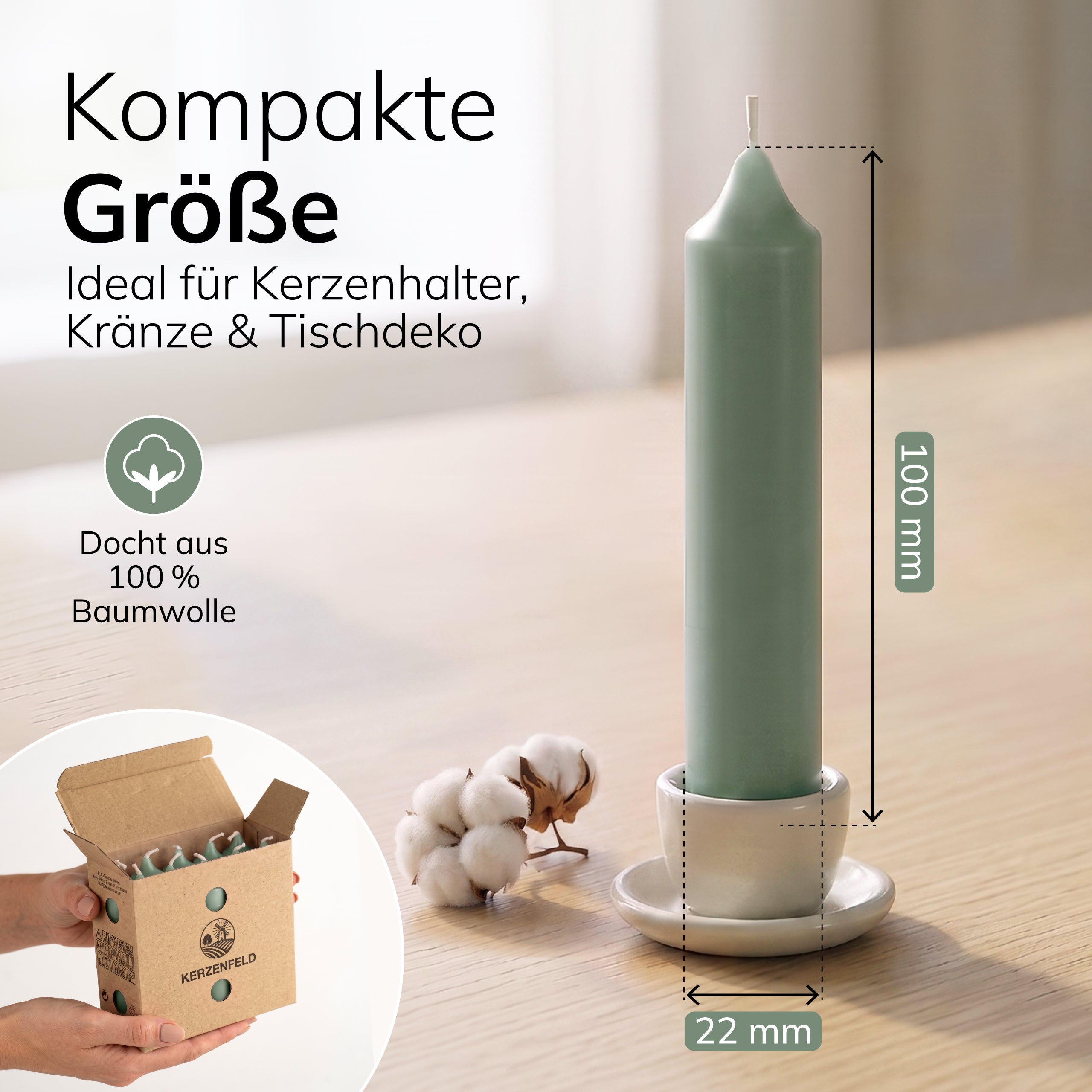 Kurze Stabkerzen Salbeigrün, 2-fach getaucht, 10cm x 2,2cm