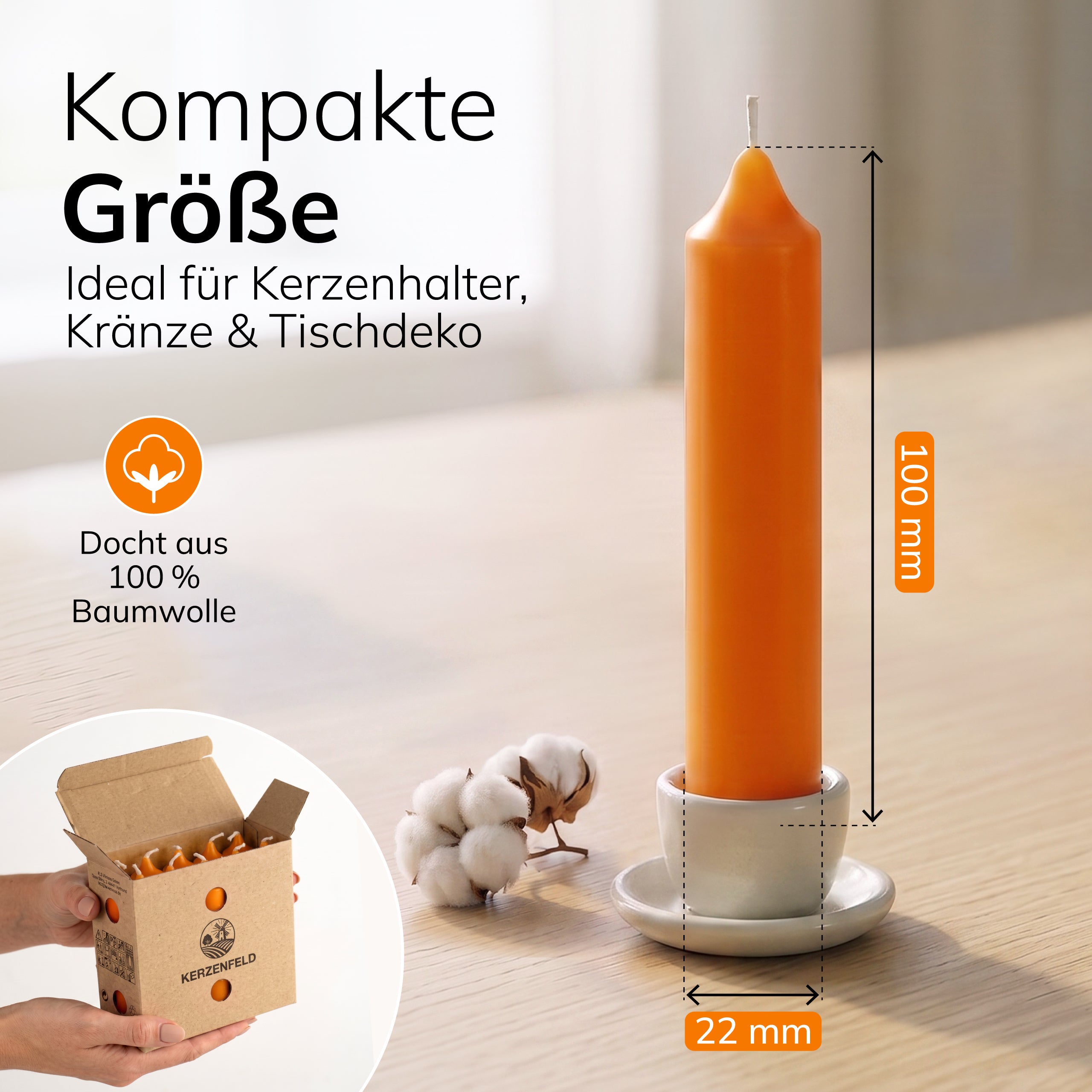 Kurze Stabkerzen Orange, 2-fach getaucht, 10cm x 2,2cm