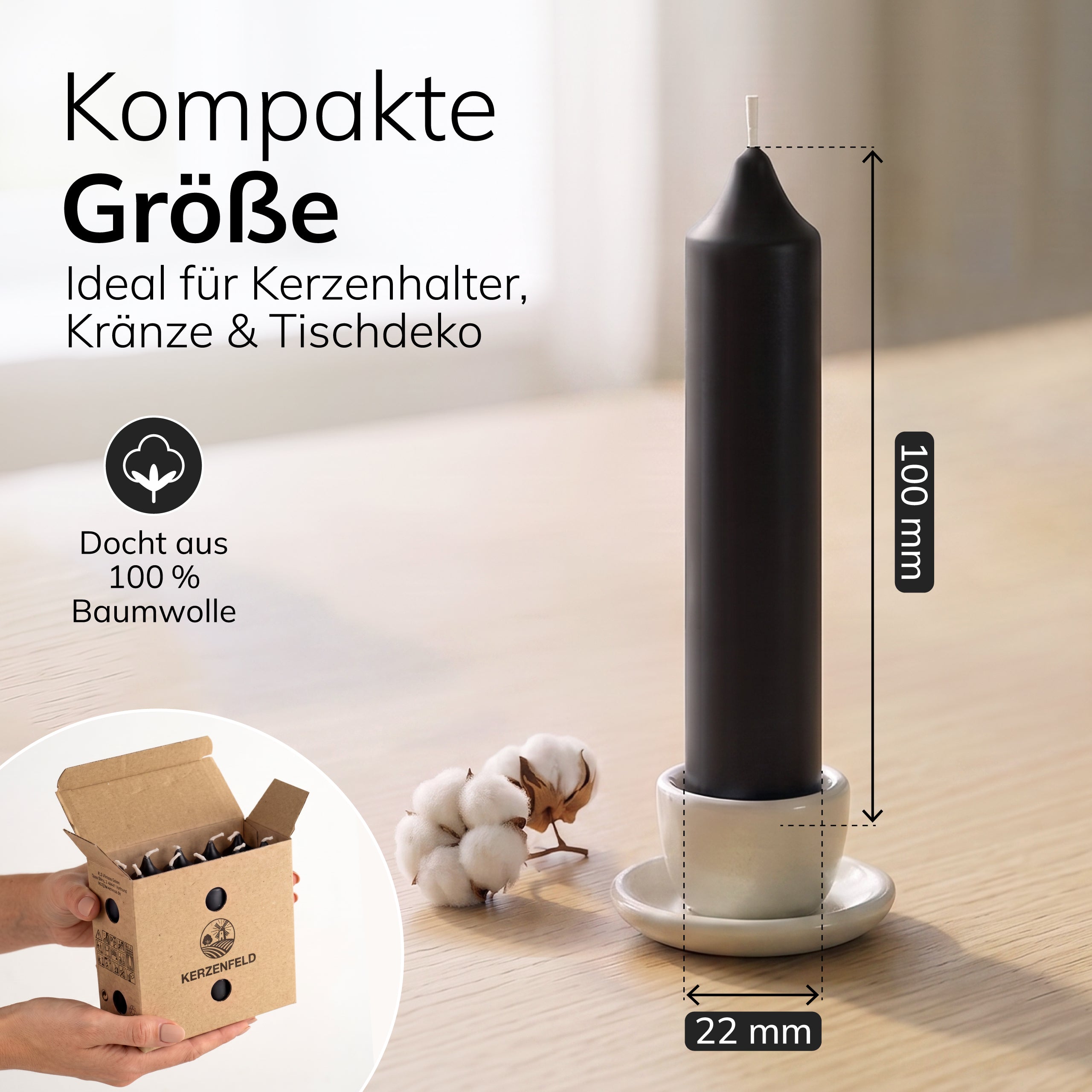 Kurze Stabkerzen Schwarz, 2-fach getaucht, 10cm x 2,2cm