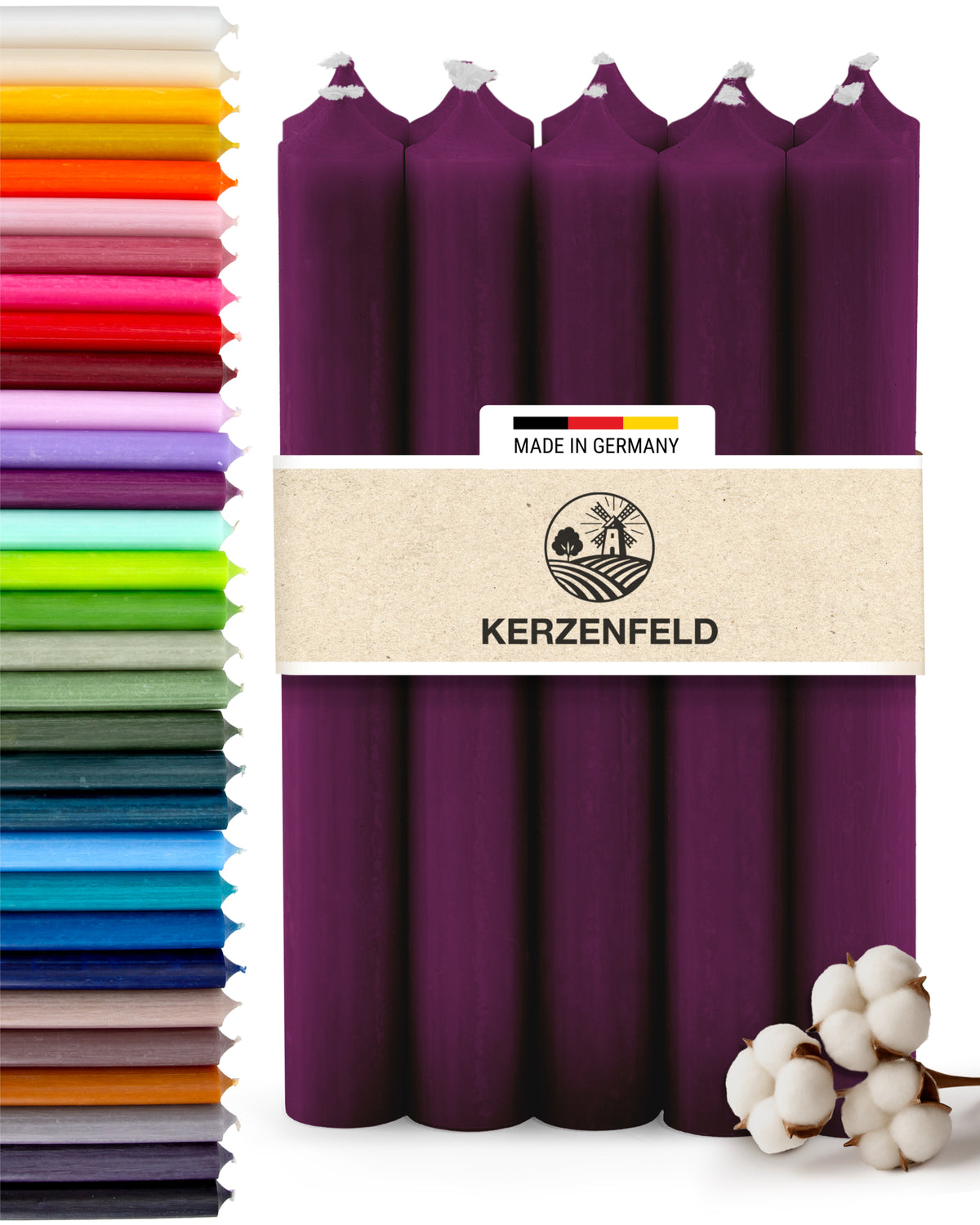 Stabkerzen Aubergine, 10 Stück, 180mm x 22mm, Durchgefärbt