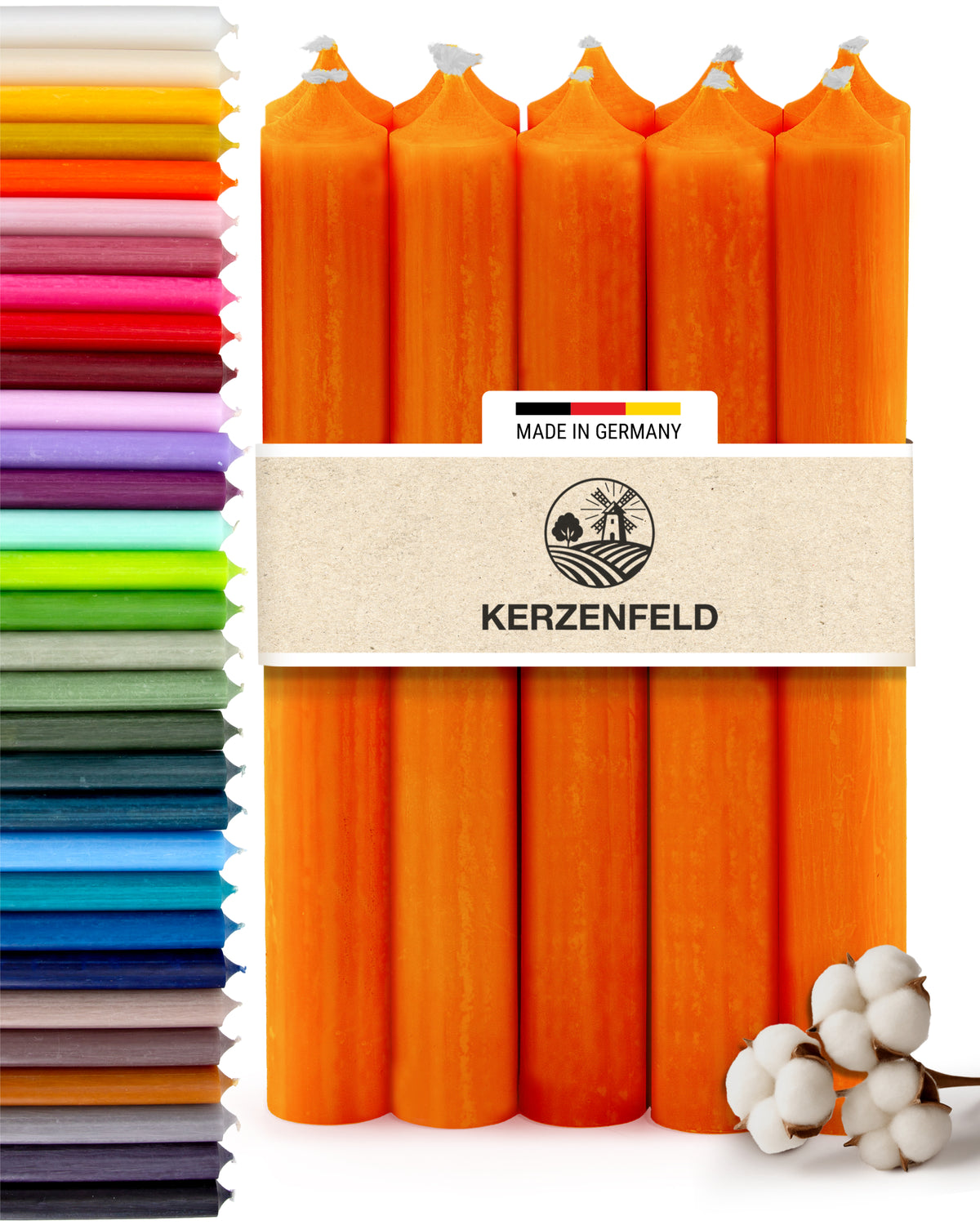 Stabkerzen Orange, 10 Stück, 180mm x 22mm, Durchgefärbt