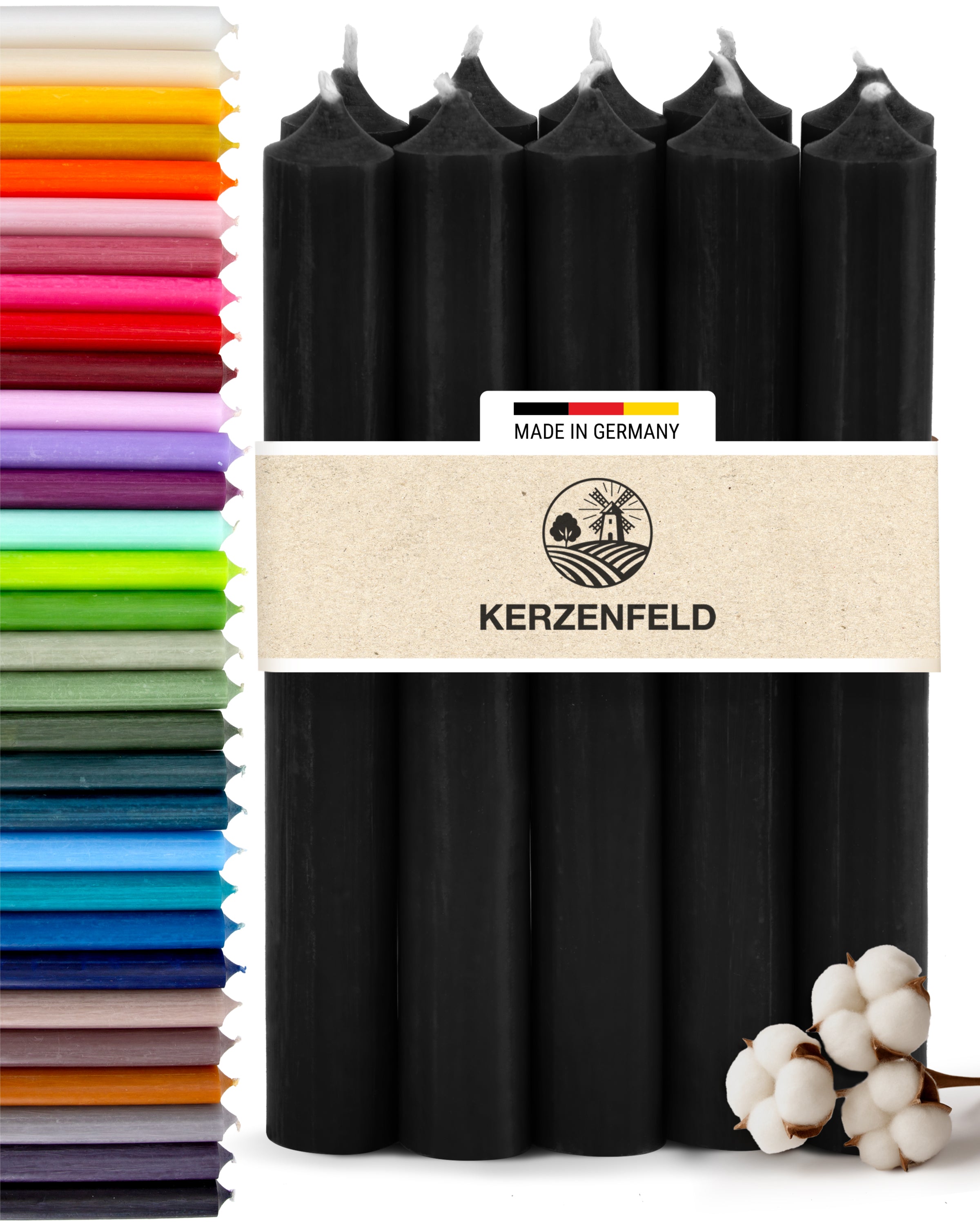 Stabkerzen Schwarz, 10 Stück, 180mm x 22mm, Durchgefärbt