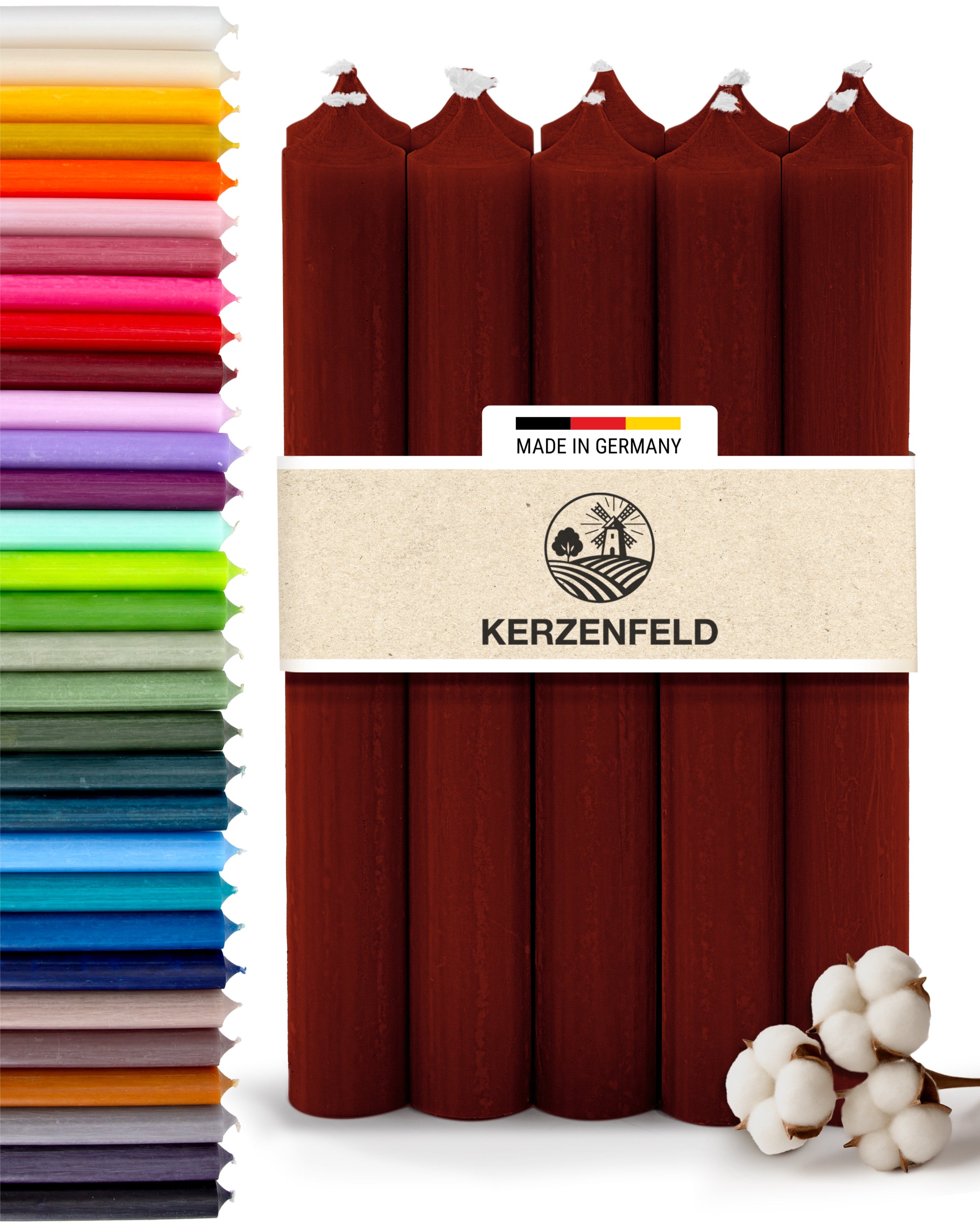Stabkerzen Dunkelrot, 10 Stück, 180mm x 22mm, Durchgefärbt