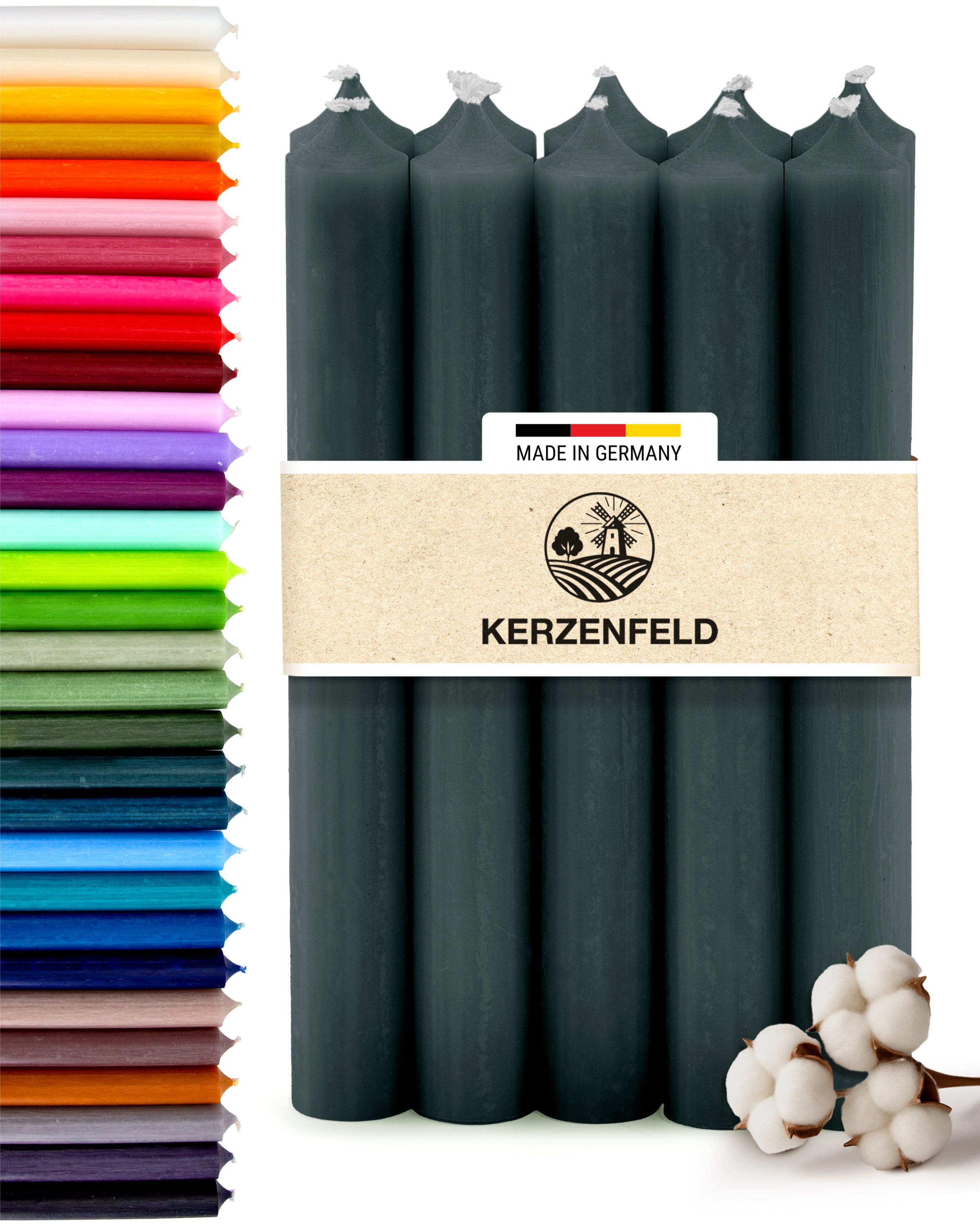 Stabkerzen Dunkelgrün, 10 Stück, 180mm x 22mm, Durchgefärbt