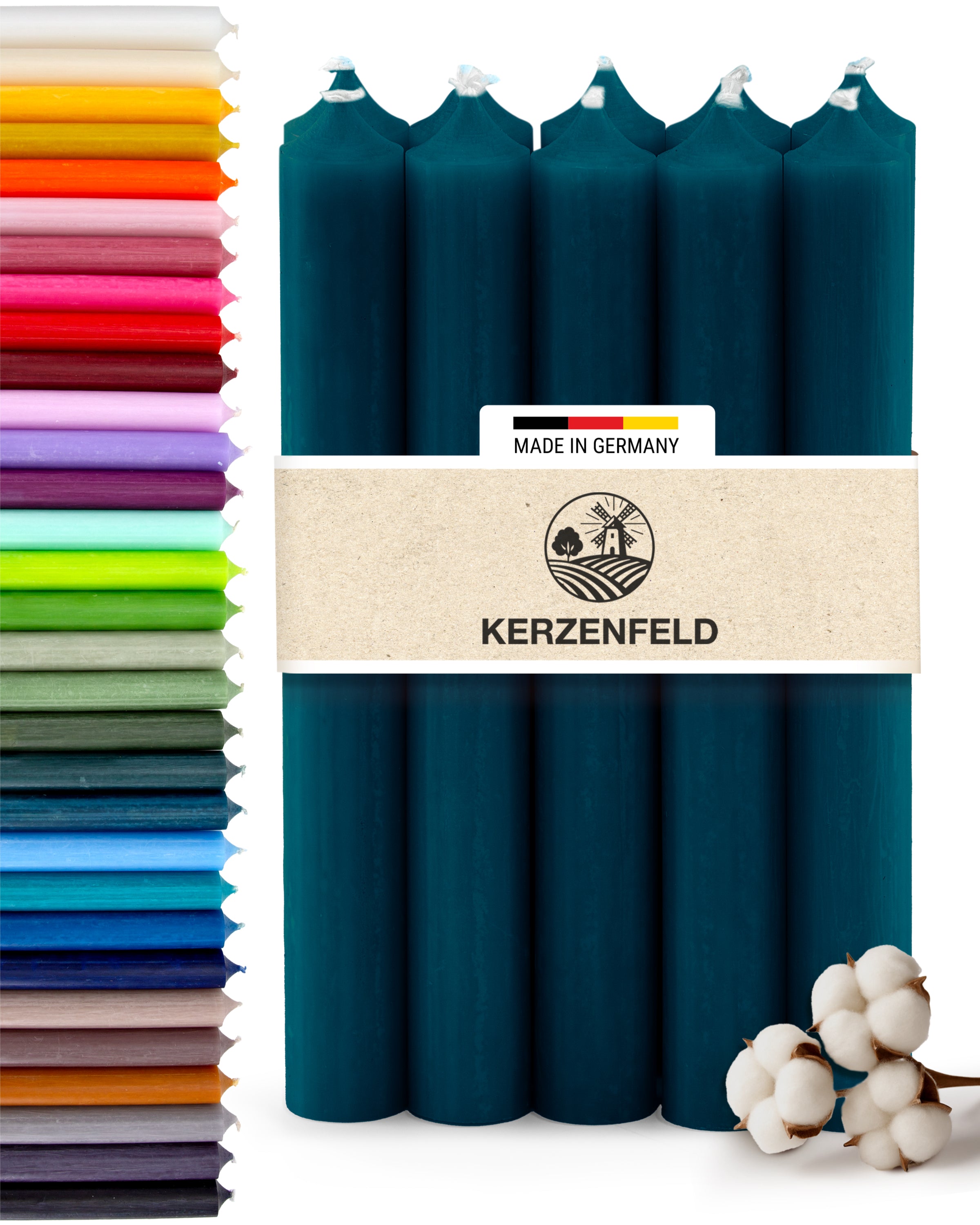 Stabkerzen Ozeanblau, 10 Stück, 180mm x 22mm, Durchgefärbt