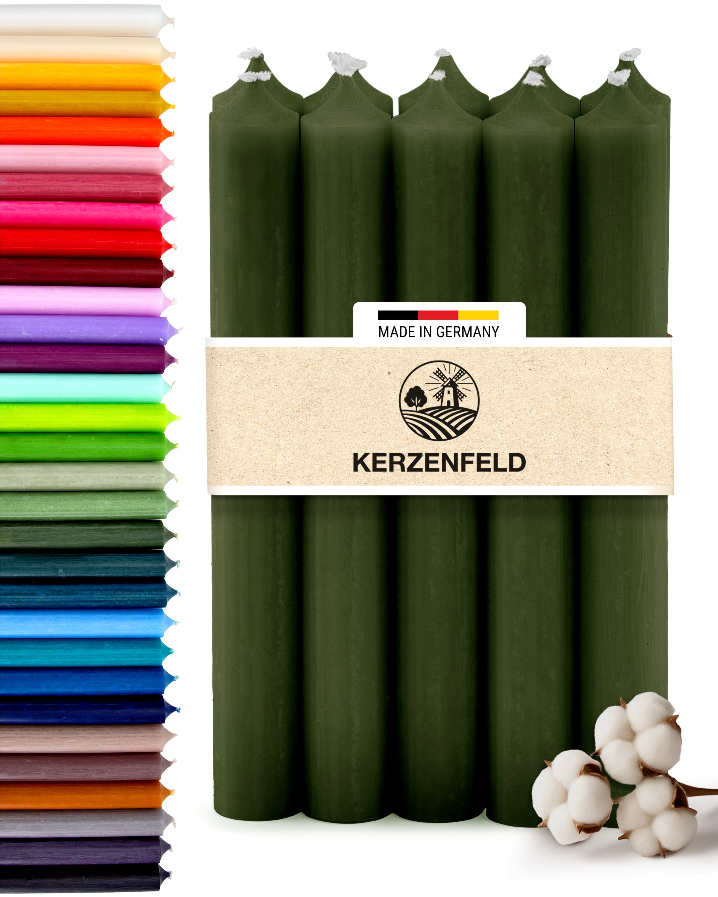 Stabkerzen Kiefergrün, 10 Stück, 180mm x 22mm, Durchgefärbt
