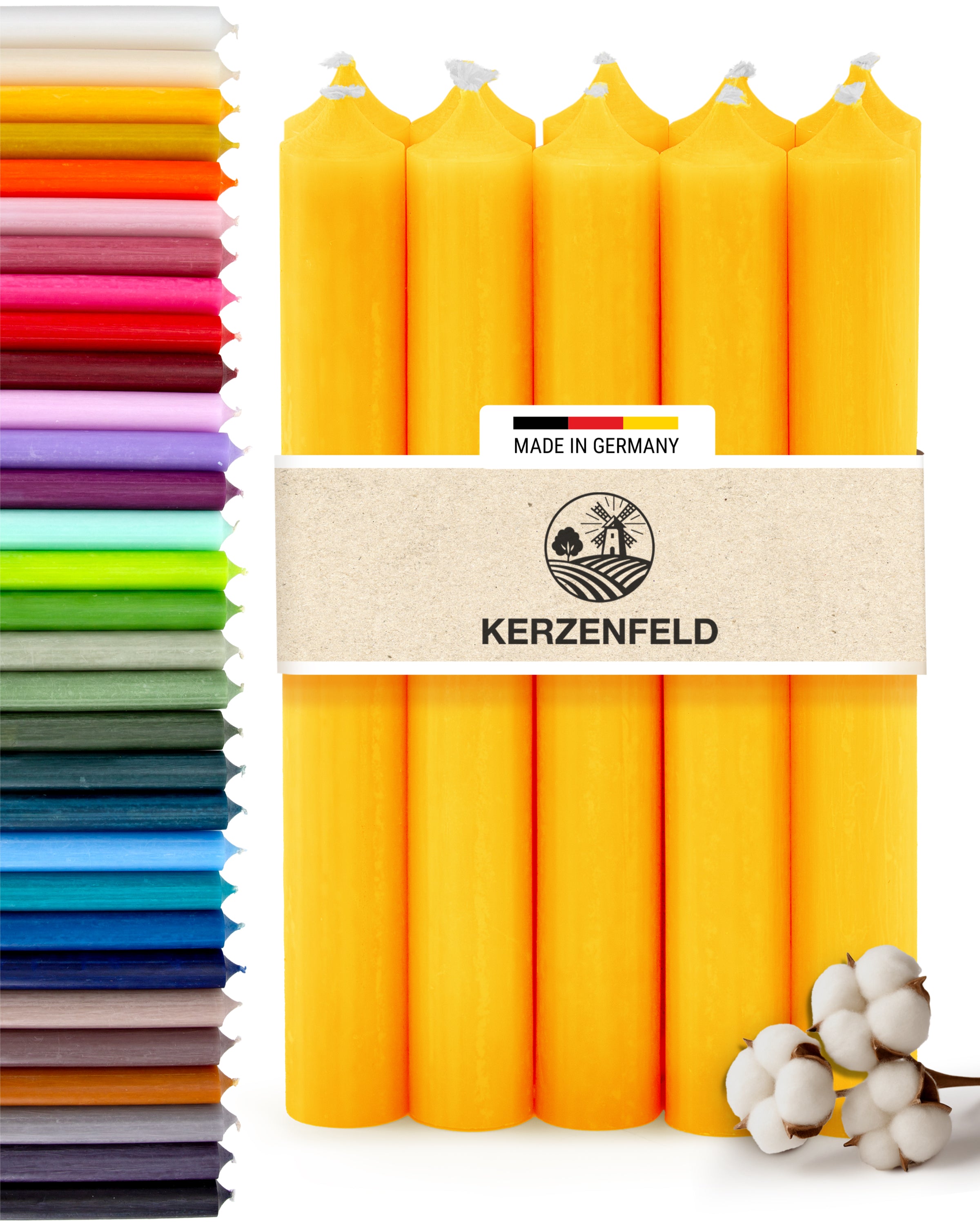 Stabkerzen Gelb, 10 Stück, 180mm x 22mm, Durchgefärbt