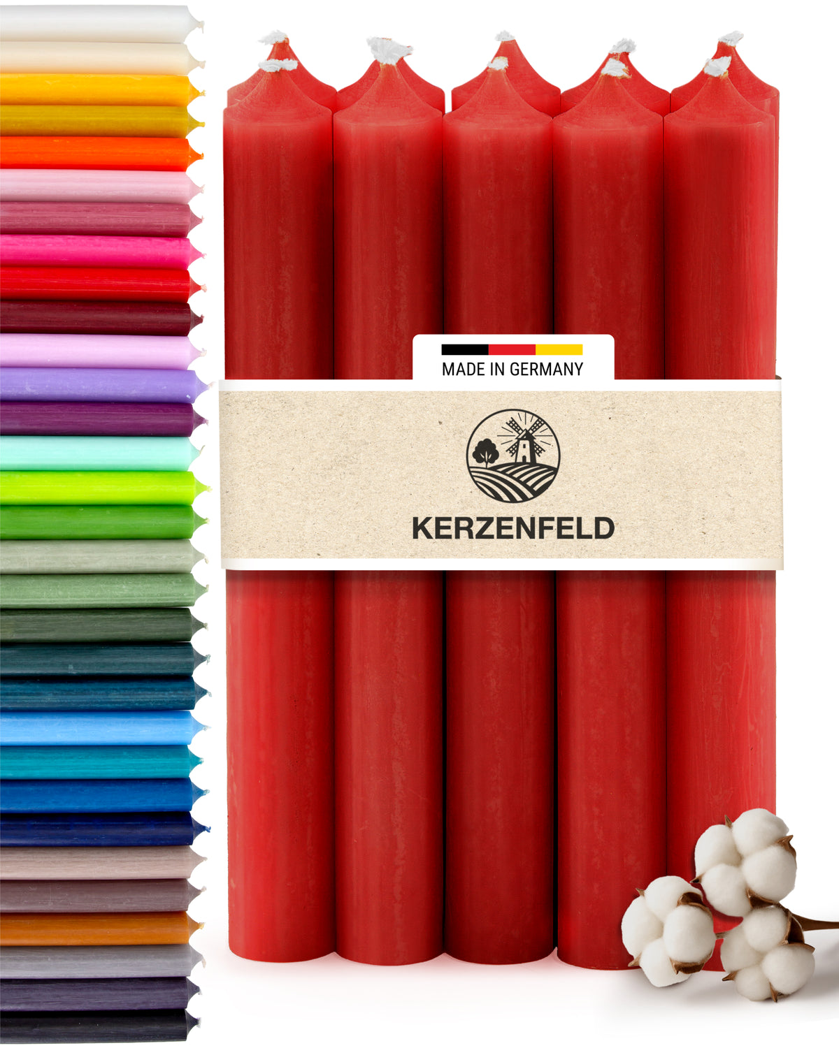 Stabkerzen Rot, 10 Stück, 180mm x 22mm, Durchgefärbt
