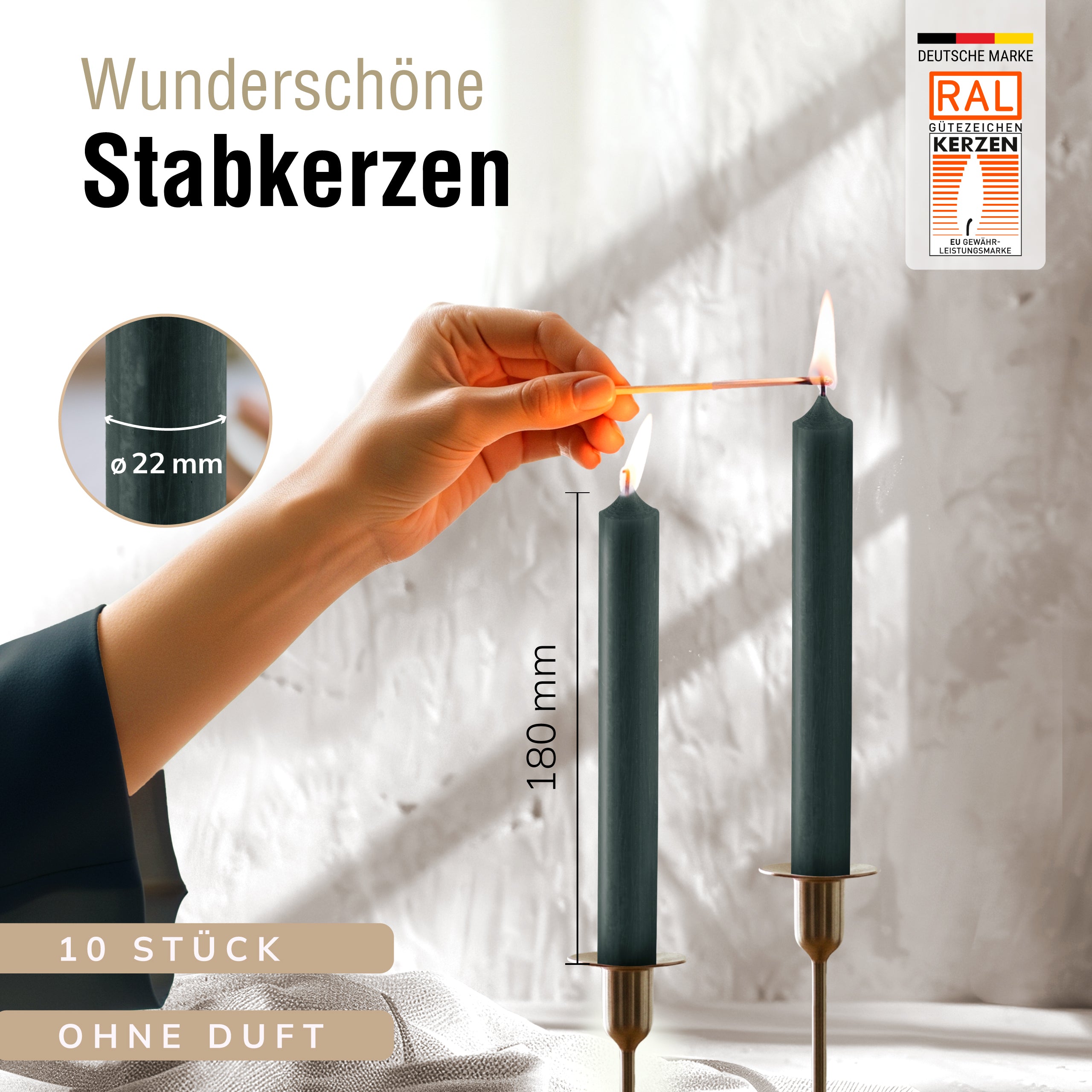 Stabkerzen Dunkelgrün, 10 Stück, 180mm x 22mm, Durchgefärbt