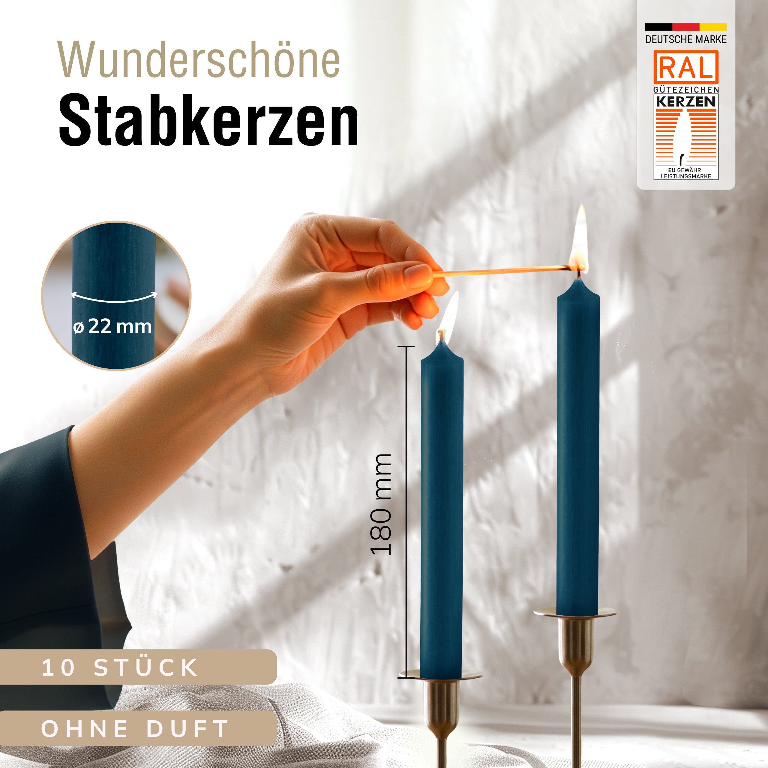 Stabkerzen Ozeanblau, 10 Stück, 180mm x 22mm, Durchgefärbt