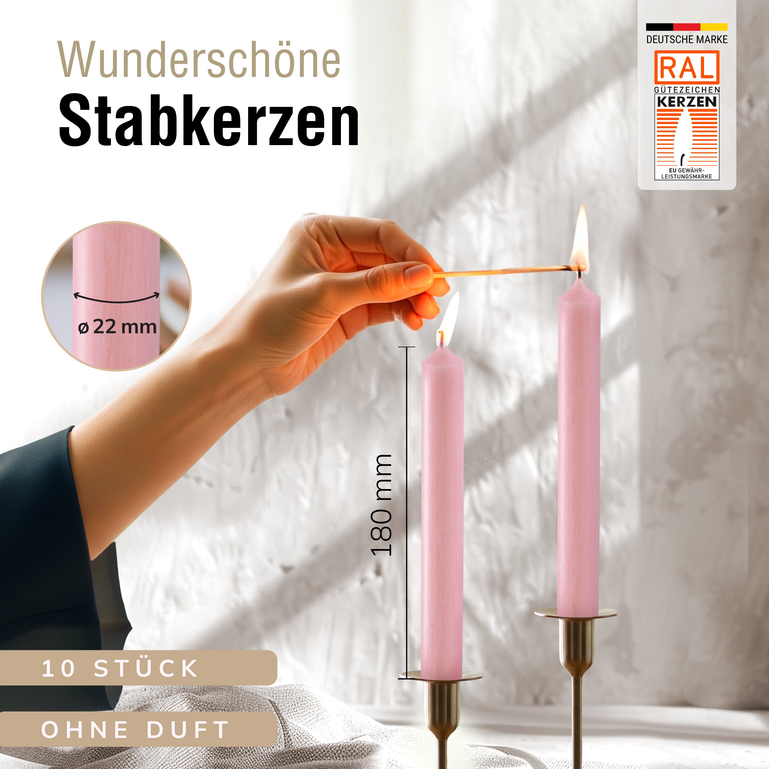 Stabkerzen Rosa, 10 Stück, 180mm x 22mm, Durchgefärbt