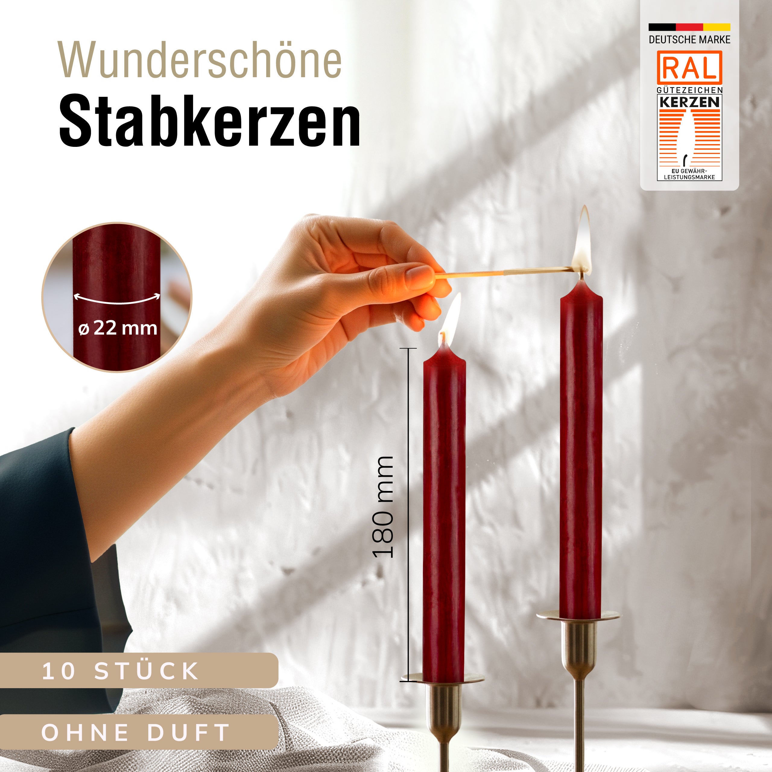 Stabkerzen Dunkelrot, 10 Stück, 180mm x 22mm, Durchgefärbt