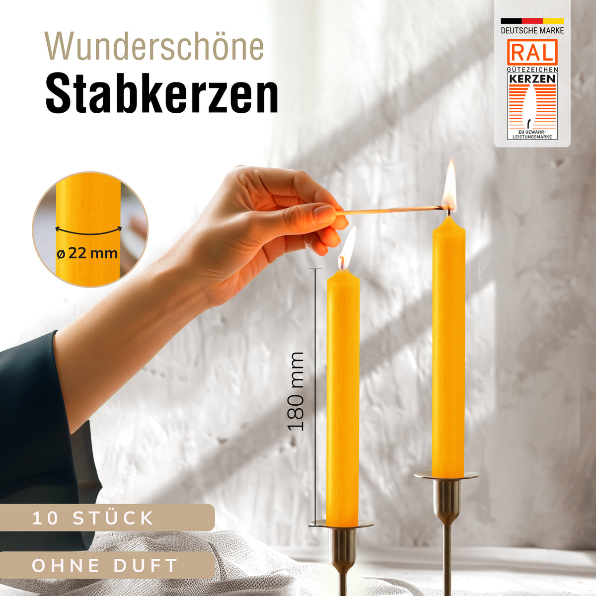 Stabkerzen Gelb, 10 Stück, 180mm x 22mm, Durchgefärbt