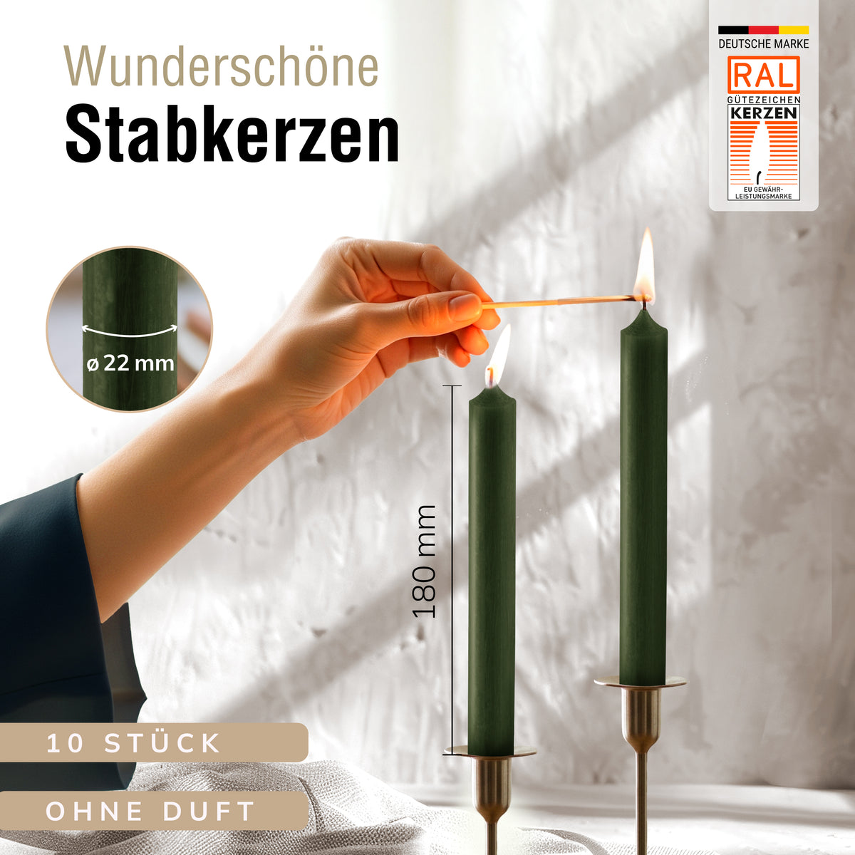 Stabkerzen Kiefergrün, 10 Stück, 180mm x 22mm, Durchgefärbt