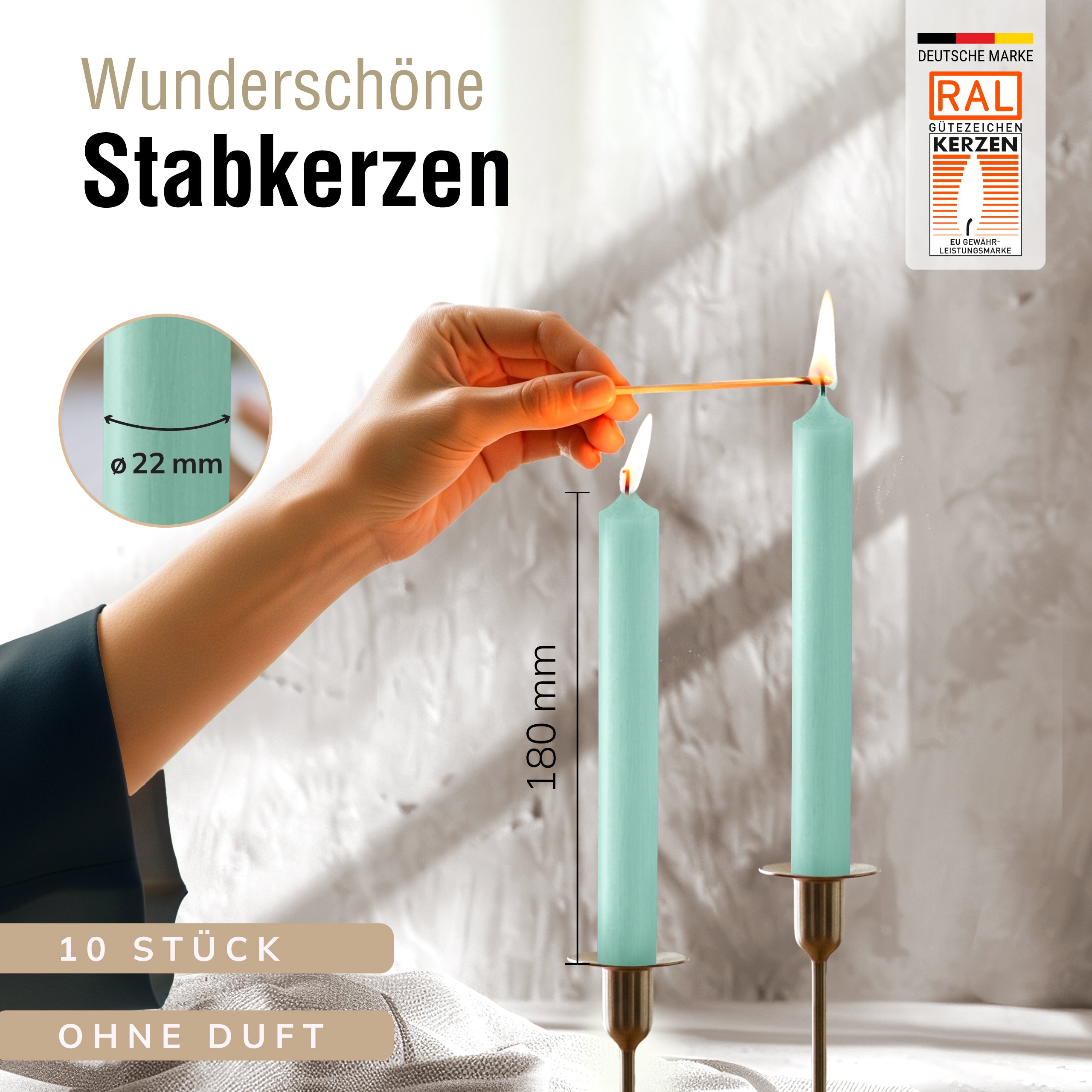 Stabkerzen Mintgrün, 10 Stück, 180mm x 22mm, Durchgefärbt