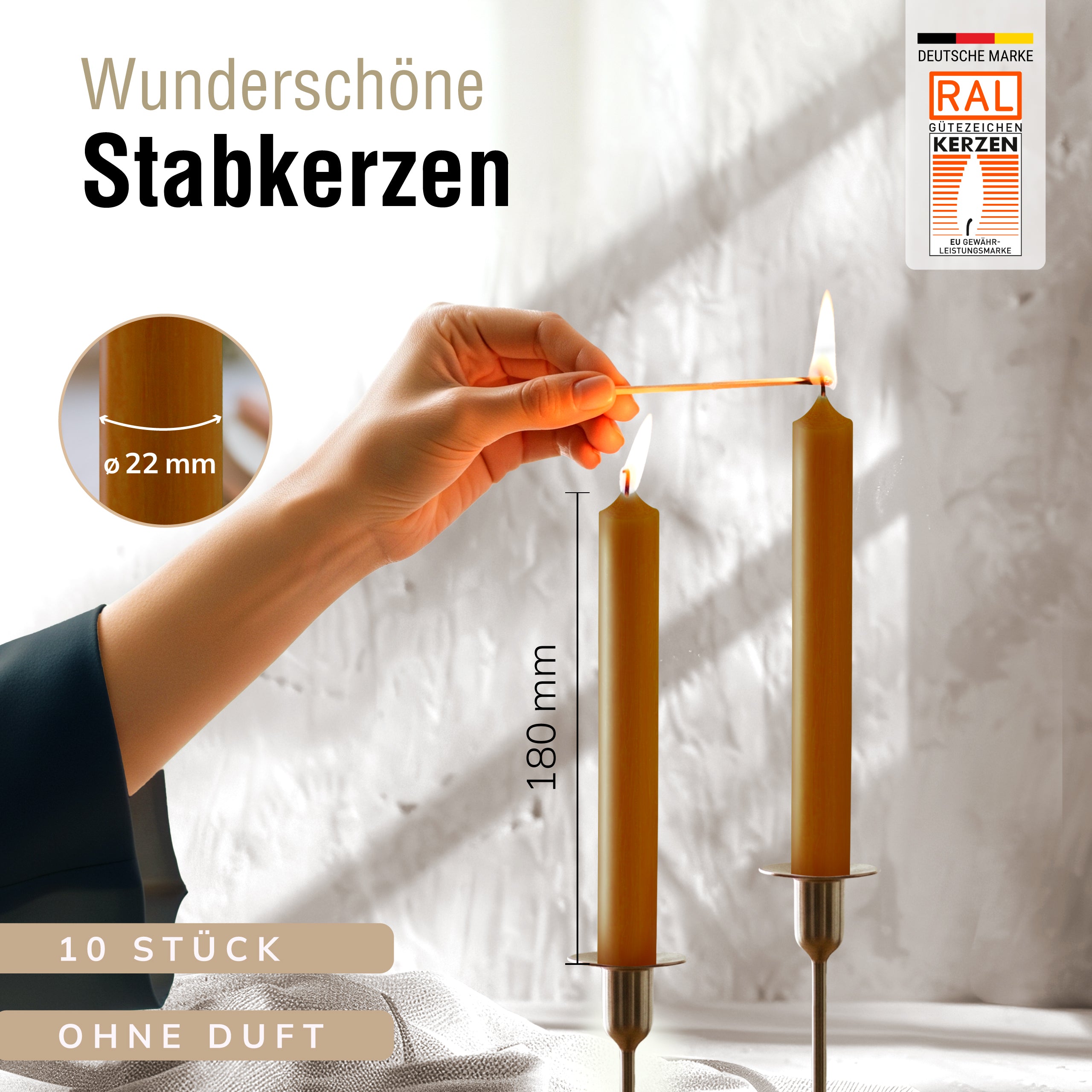 Stabkerzen Natur, 10 Stück, 180mm x 22mm, Durchgefärbt