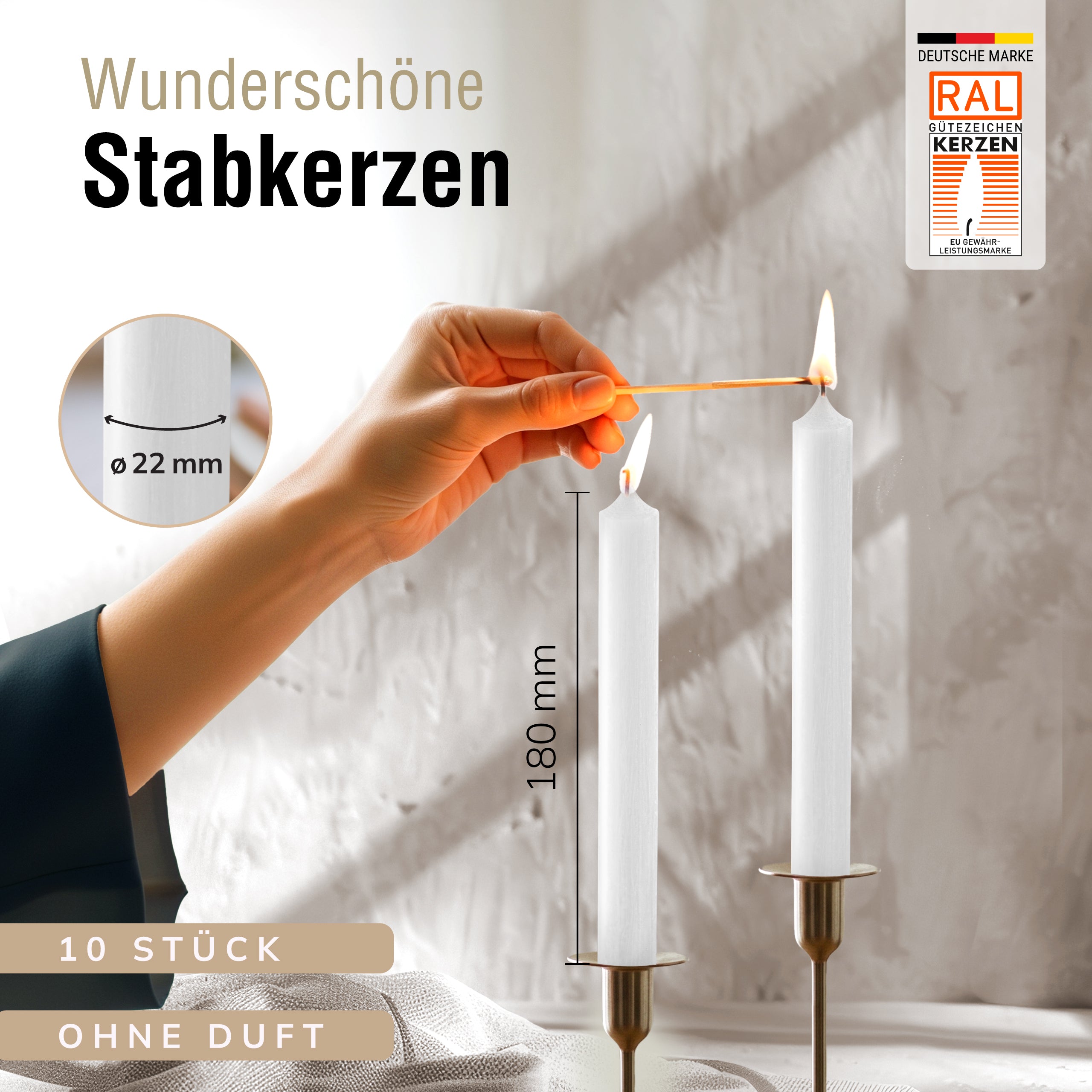 Stabkerzen Weiß, 10 Stück, 180mm x 22mm, Durchgefärbt