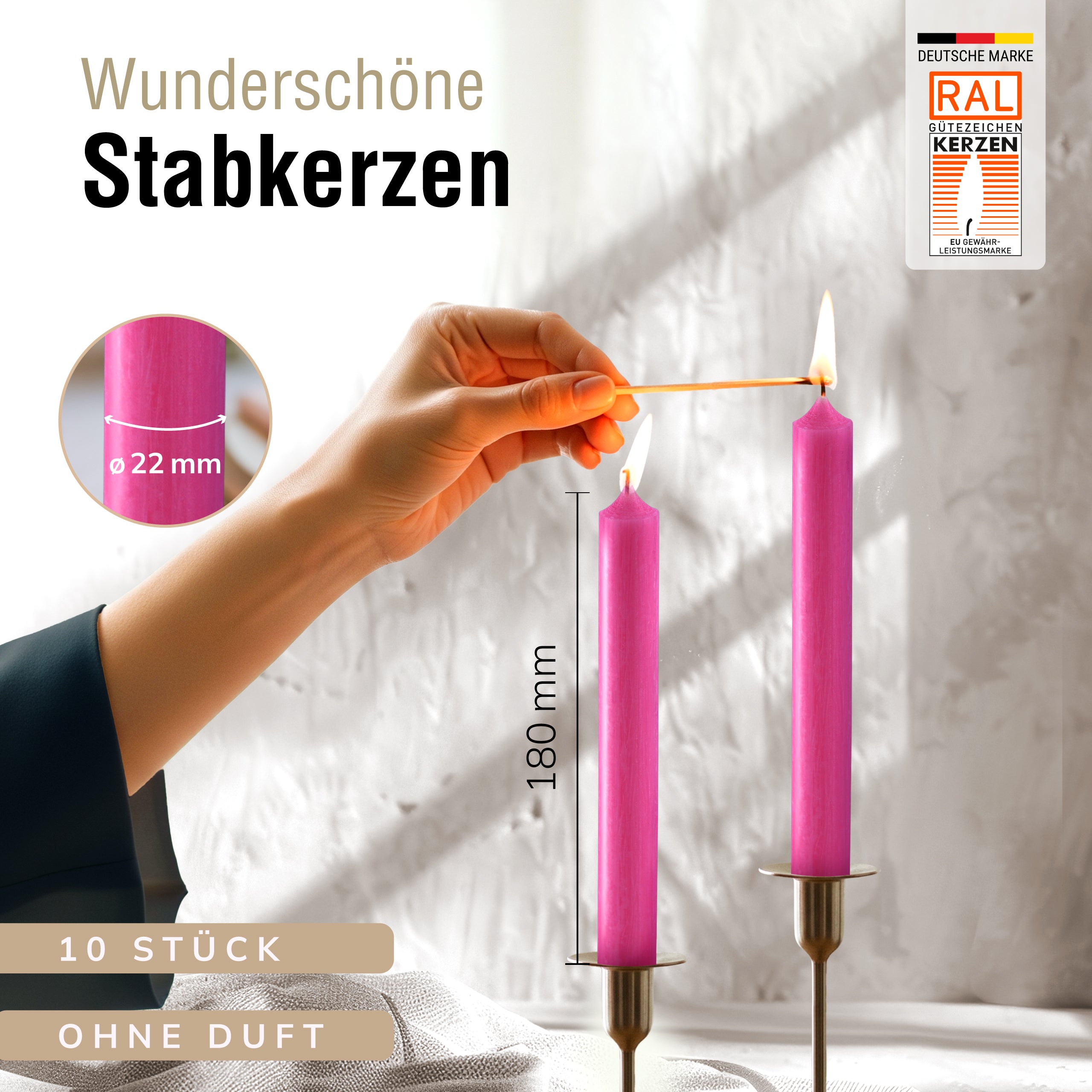 Stabkerzen Pink, 10 Stück, 180mm x 22mm, Durchgefärbt