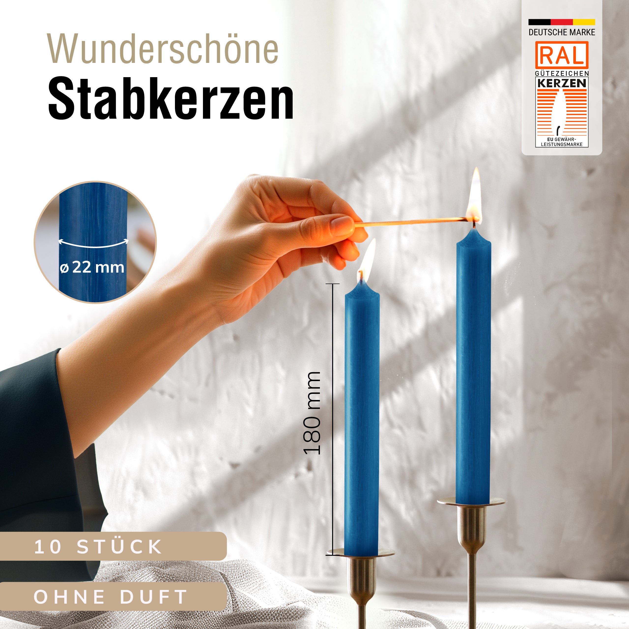 Stabkerzen Petrol, 10 Stück, 180mm x 22mm, Durchgefärbt