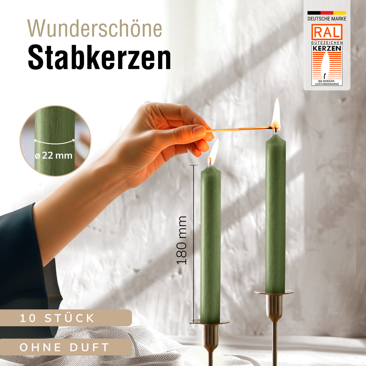 Stabkerzen Jadegrün, 10 Stück, 180mm x 22mm, Durchgefärbt