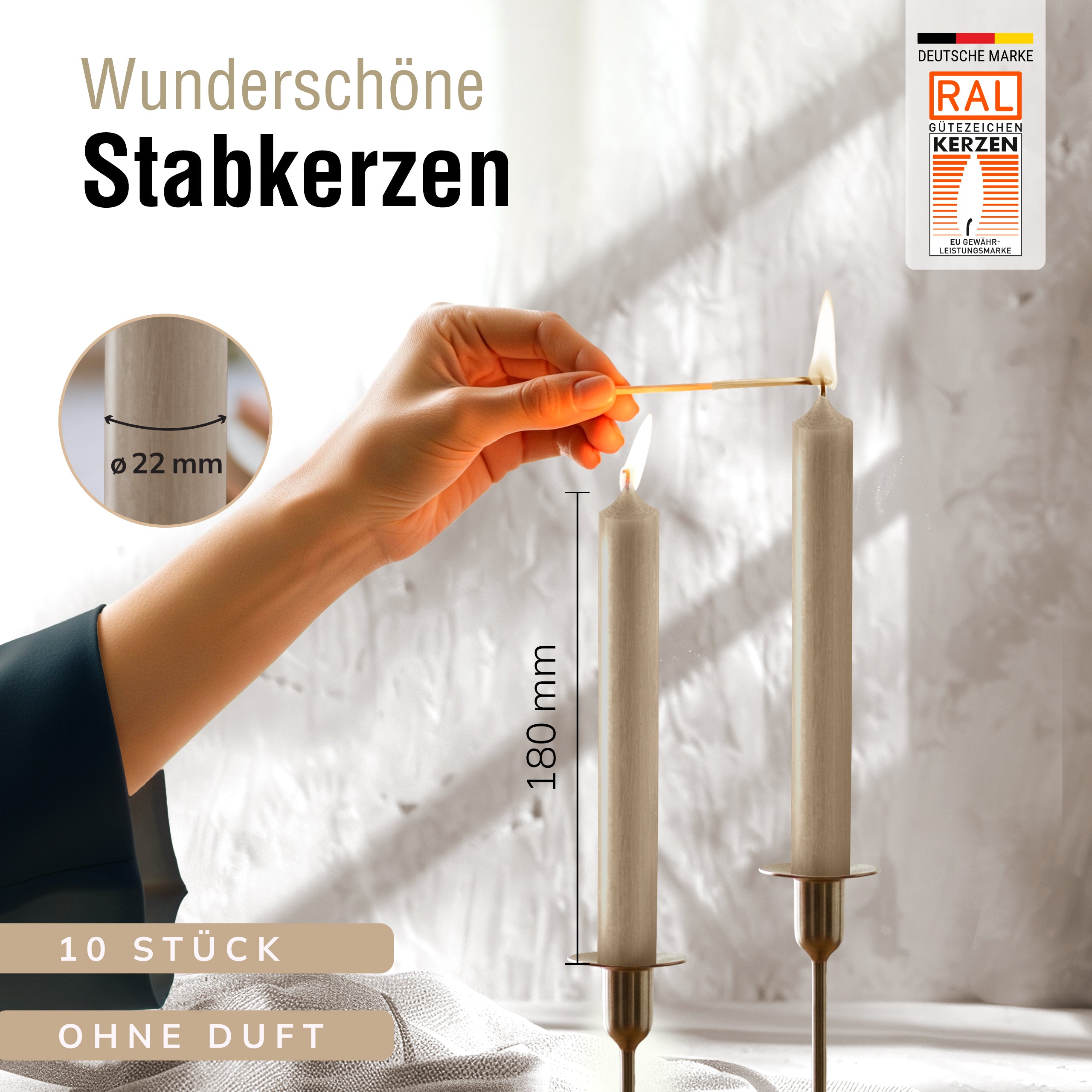 Stabkerzen Taupe, 10 Stück, 180mm x 22mm, Durchgefärbt