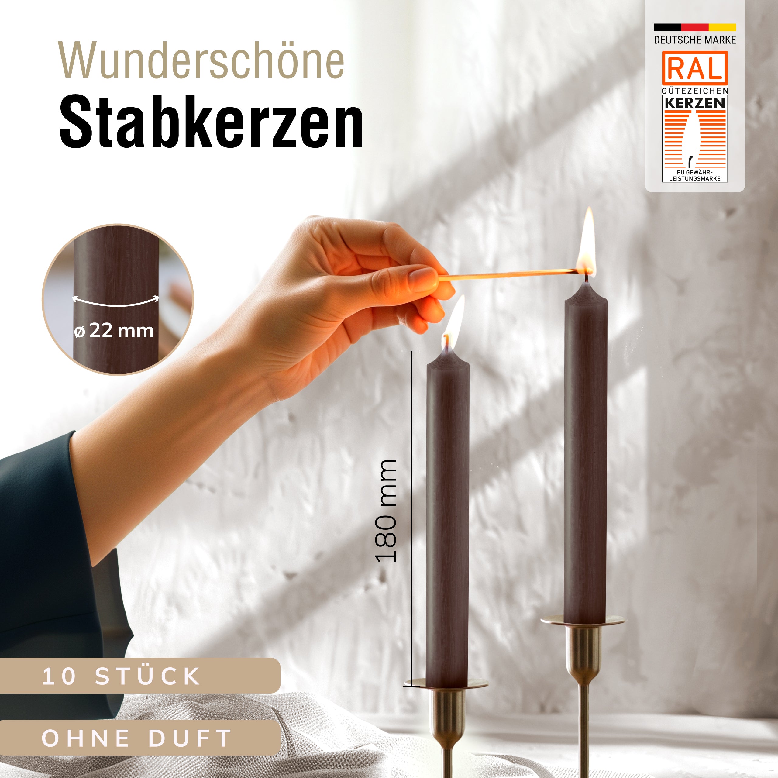 Stabkerzen Braun, 10 Stück, 180mm x 22mm, Durchgefärbt
