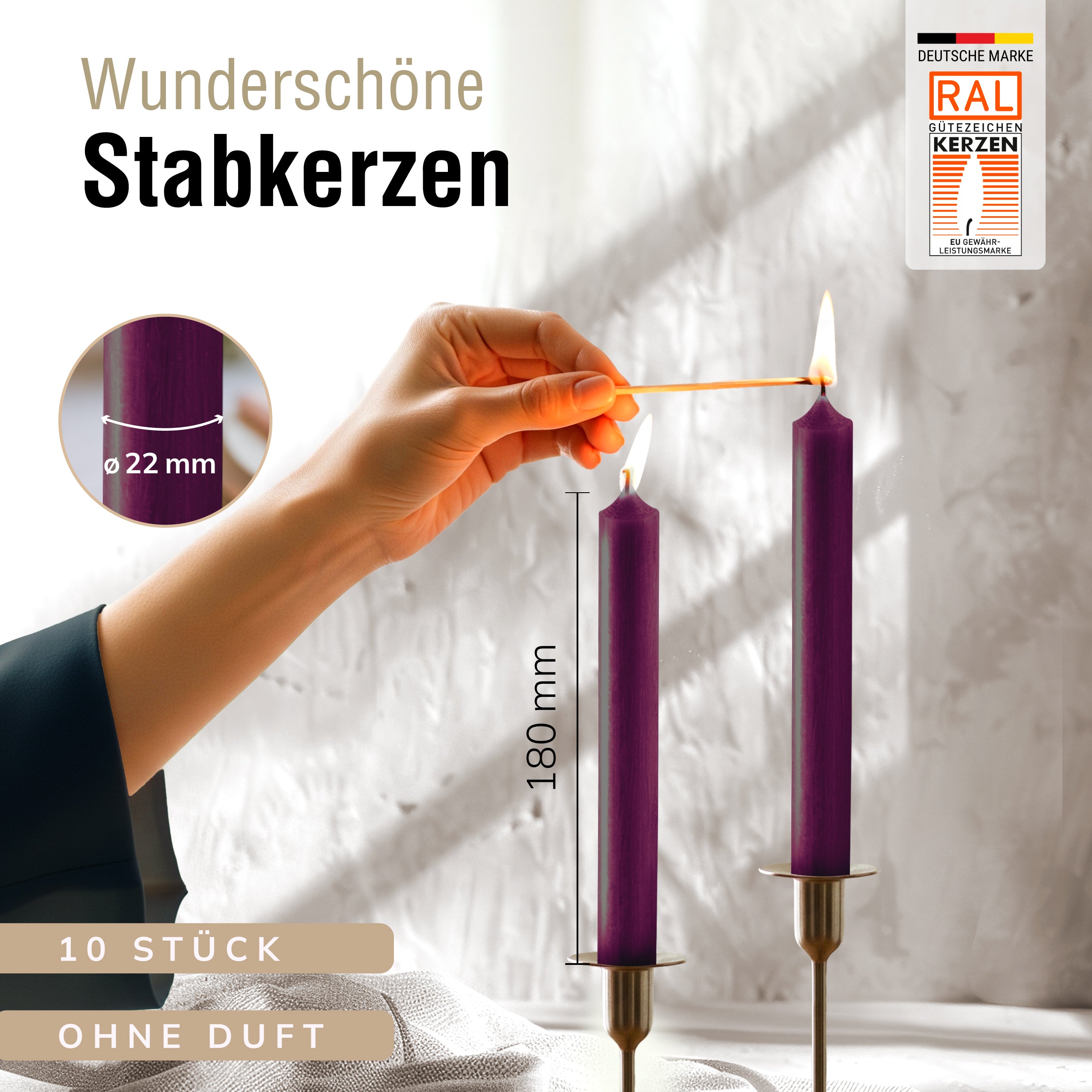 Stabkerzen Aubergine, 10 Stück, 180mm x 22mm, Durchgefärbt