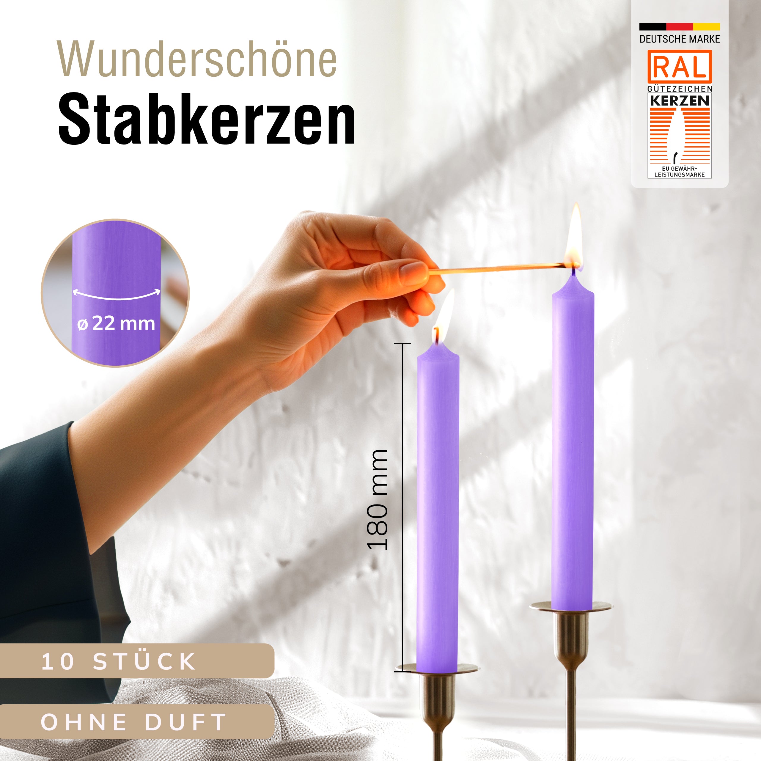 Stabkerzen Lavendel, 10 Stück, 180mm x 22mm, Durchgefärbt