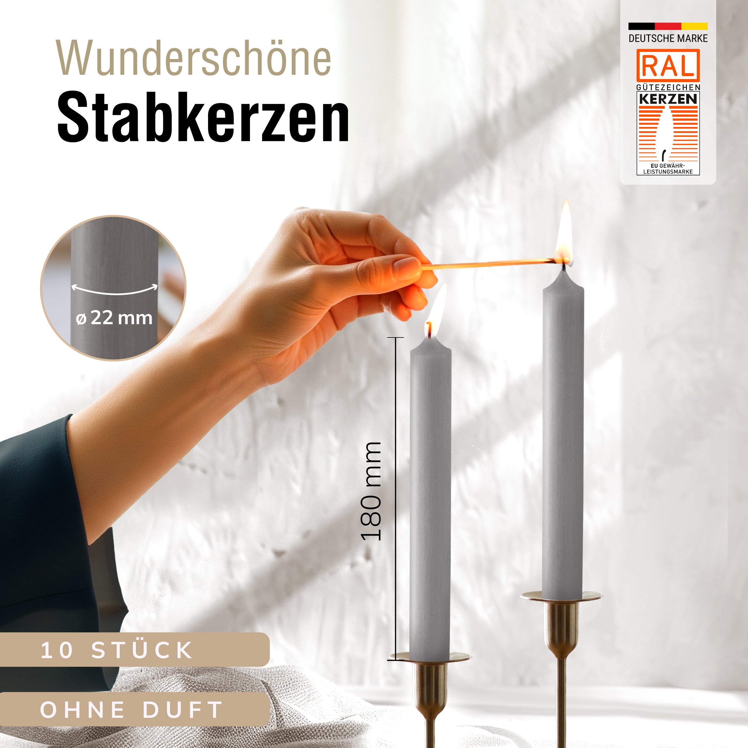 Stabkerzen Grau, 10 Stück, 180mm x 22mm, Durchgefärbt