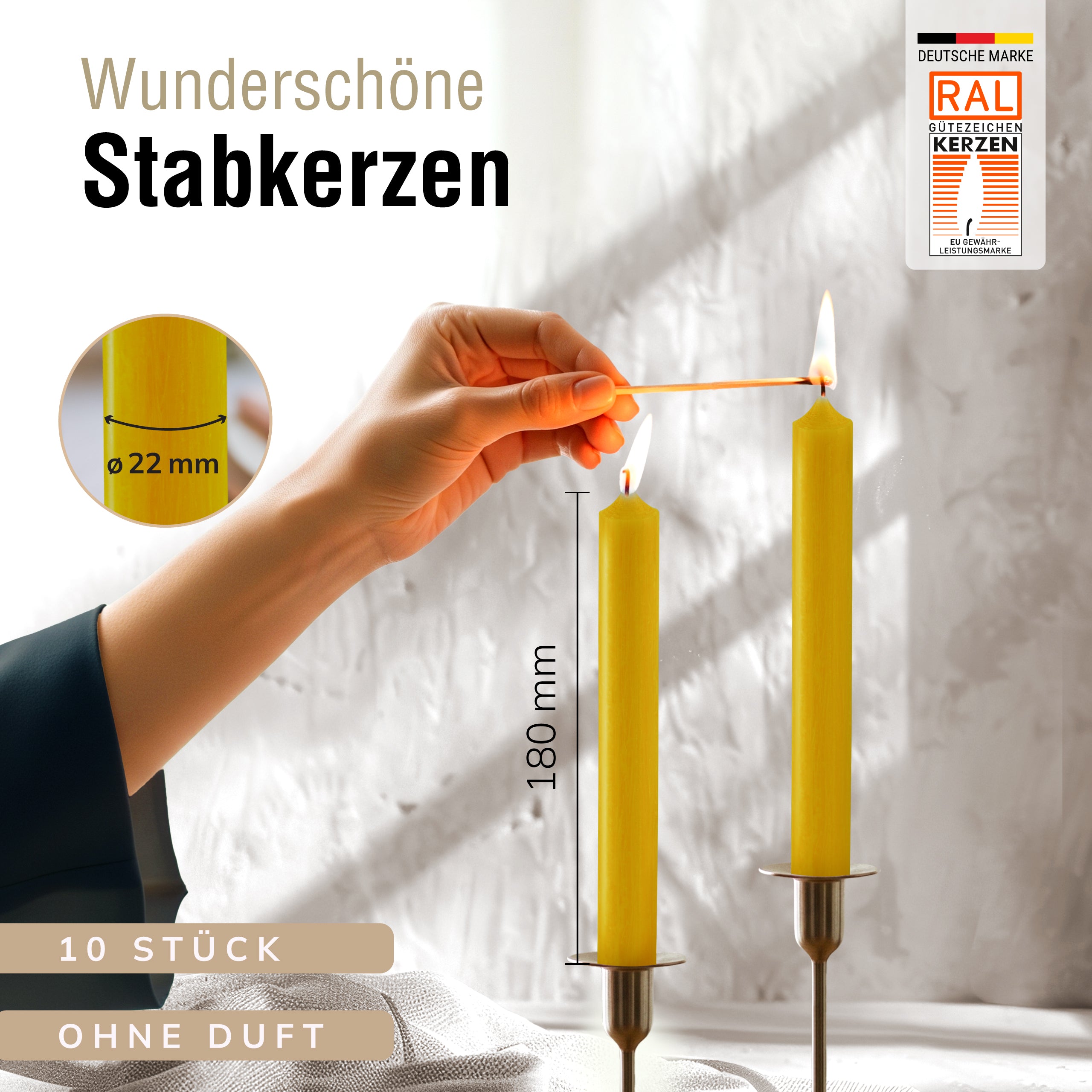 Stabkerzen Currygelb, 10 Stück, 180mm x 22mm, Durchgefärbt
