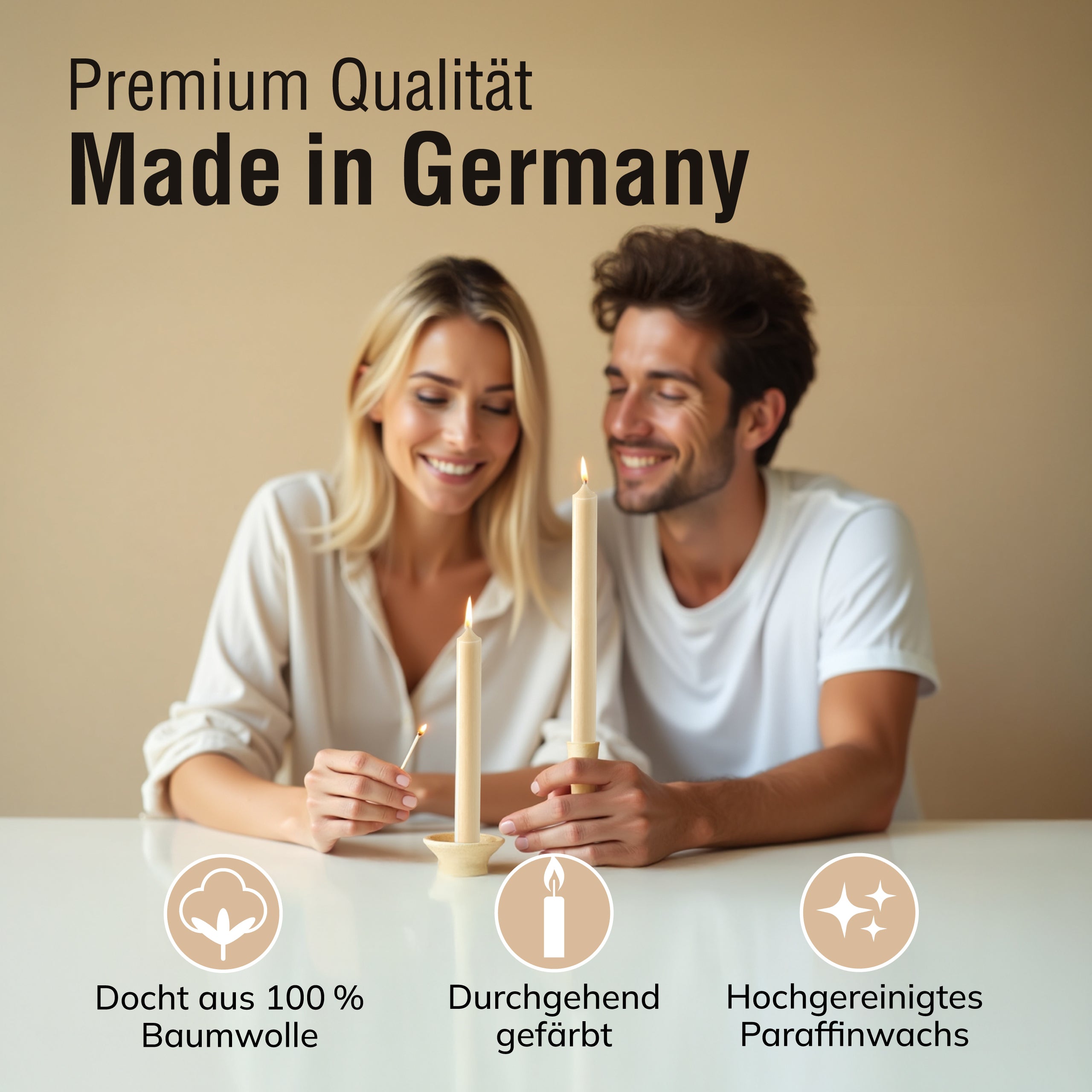Stabkerzen Creme, 10 Stück, 180mm x 22mm, Durchgefärbt