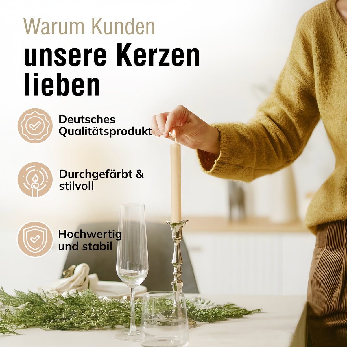 Stabkerzen Creme, 10 Stück, 180mm x 22mm, Durchgefärbt