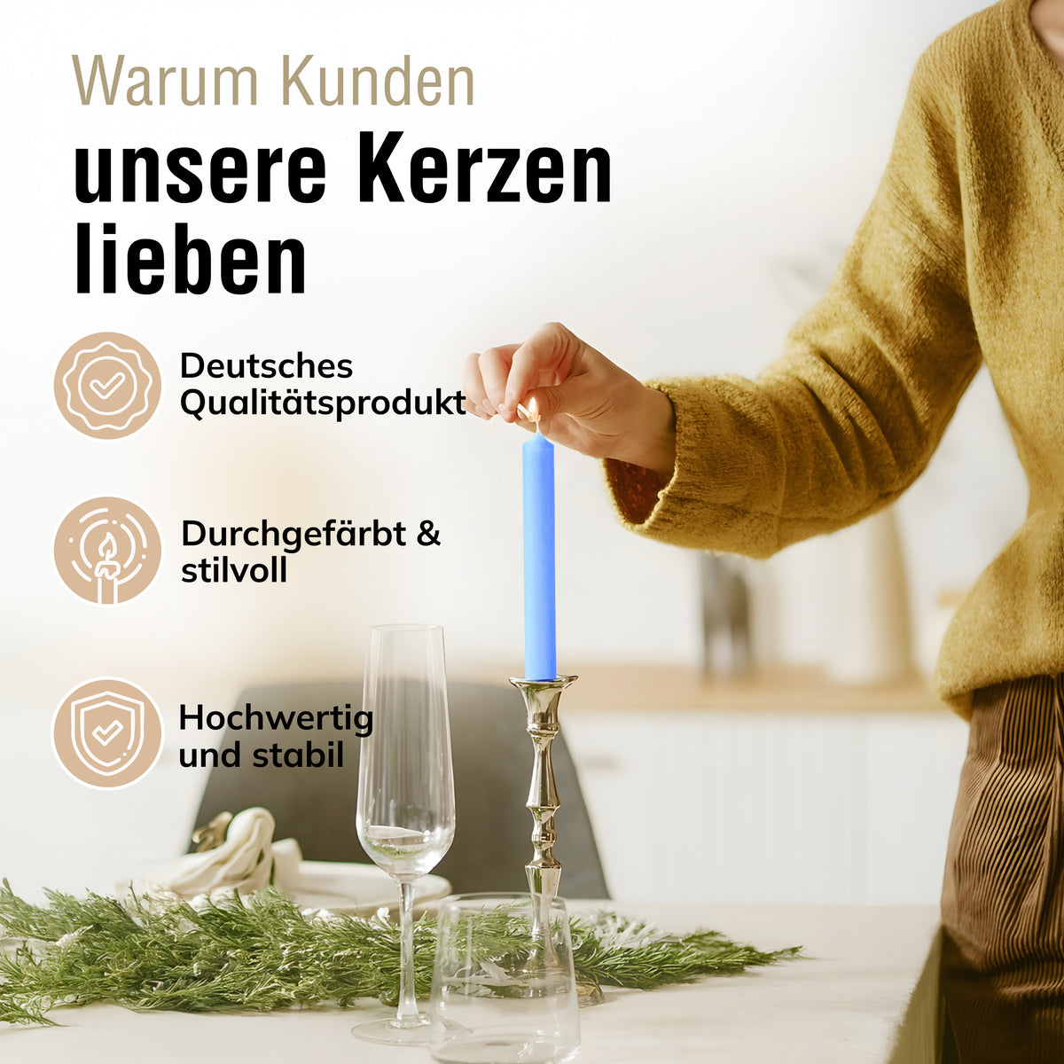 Stabkerzen Blau, 10 Stück, 180mm x 22mm, Durchgefärbt