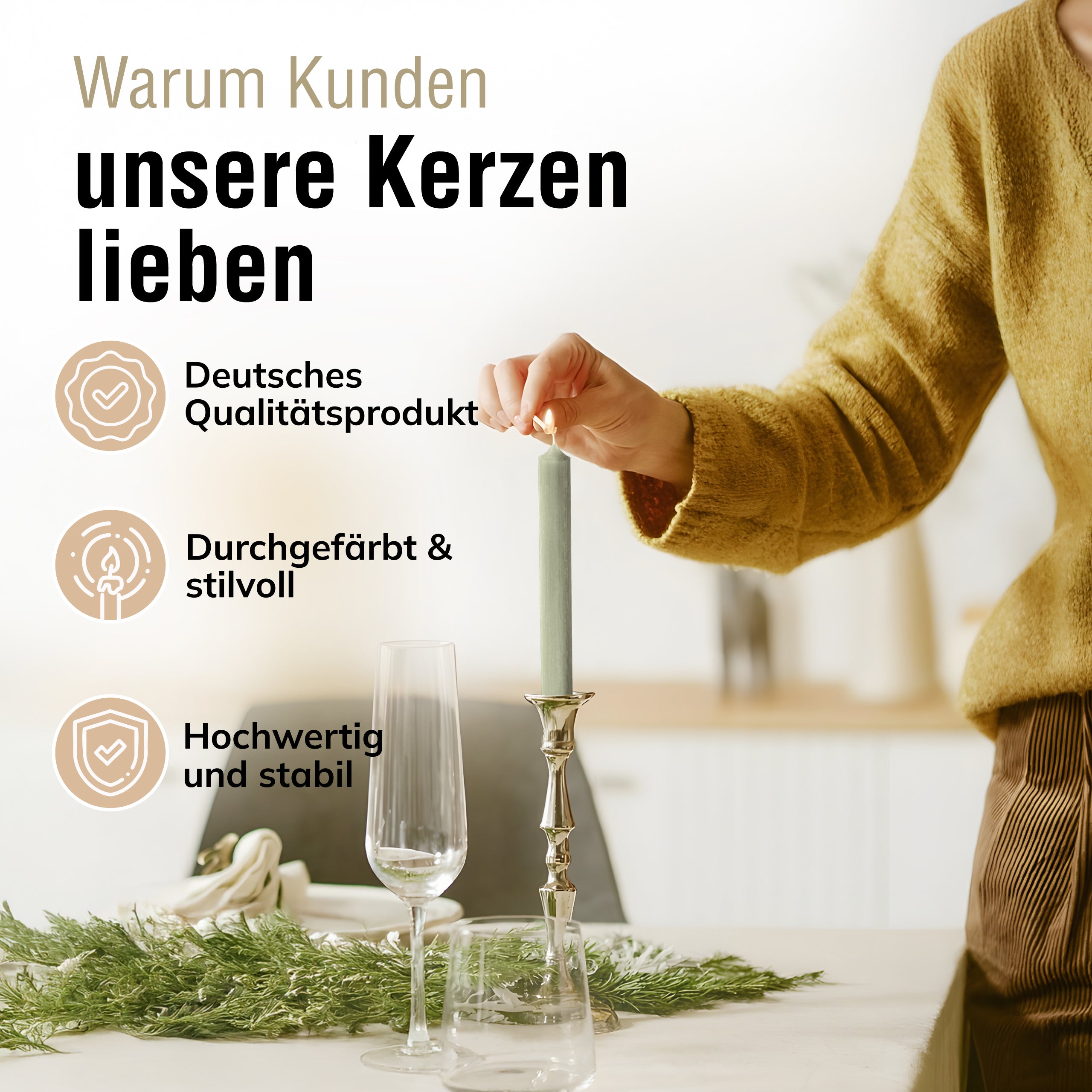 Stabkerzen Salbeigrün, 10 Stück, 180mm x 22mm, Durchgefärbt